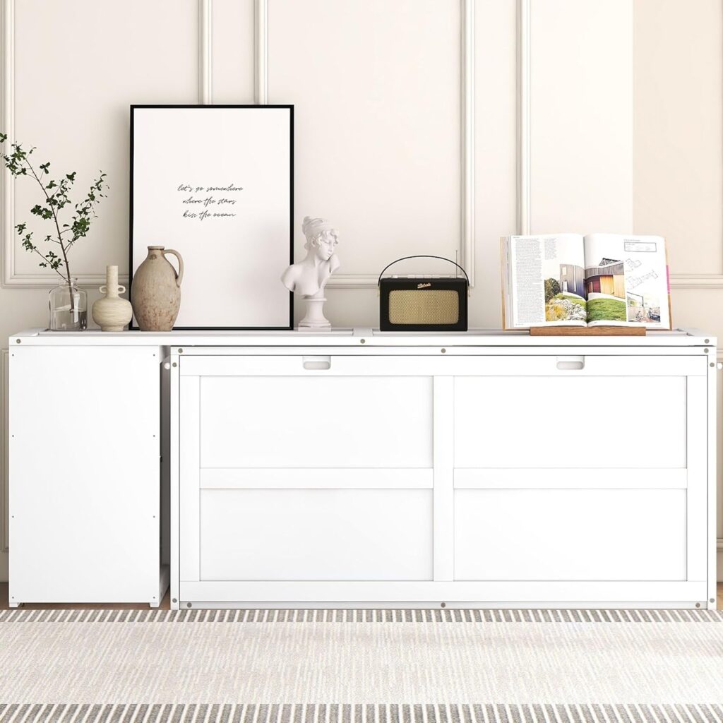 FurniFusion Queen Size Murphy Bed with Built-in Charging Station and Storage Shelf, Collapsible Platform Mobile Daybeds, Bedframe w/Wood Slat Support, Easy to Assemble, Space Saving Design, White