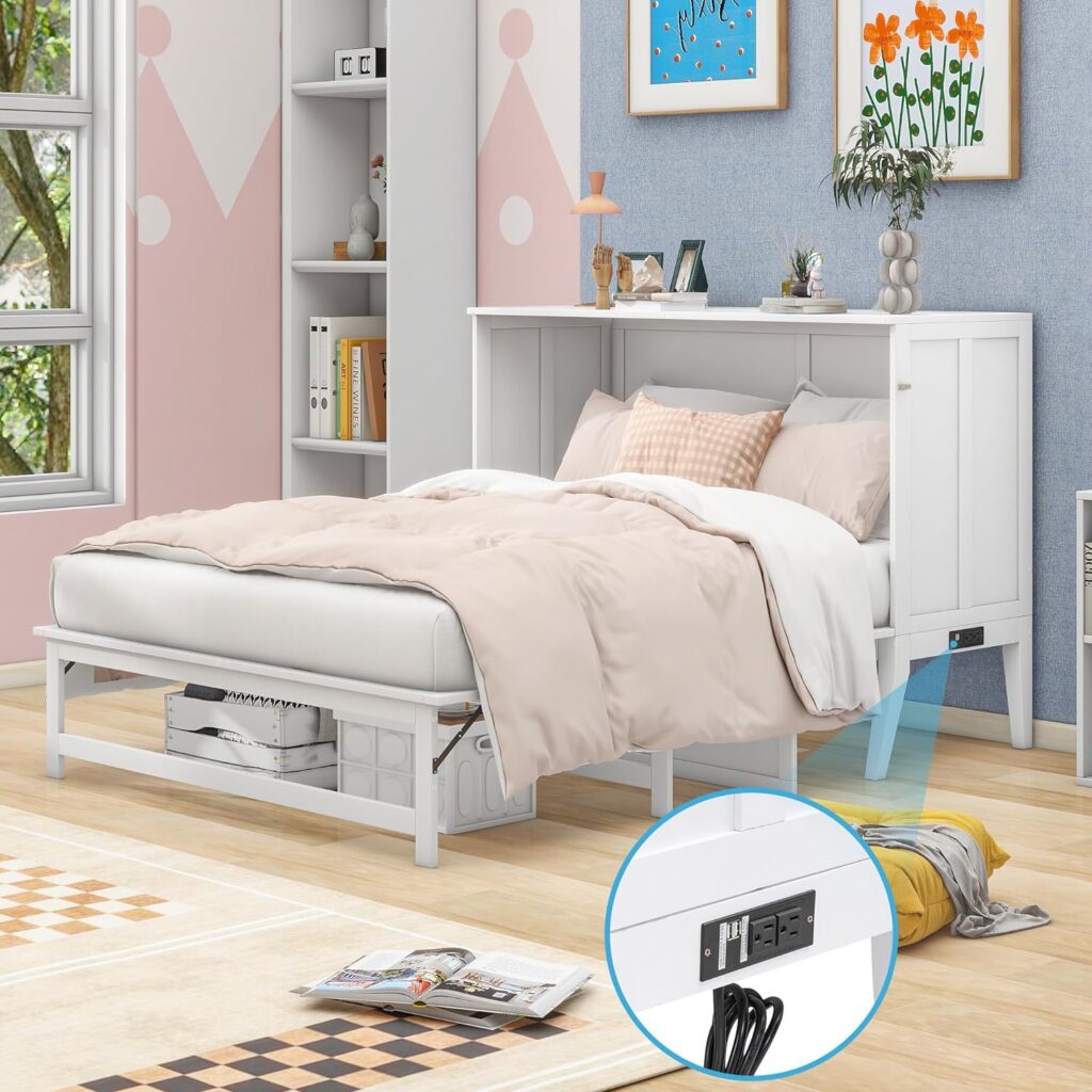 FurniFusion Queen Size Murphy Bed with Built-in Charging Station and Storage Shelf, Collapsible Platform Mobile Daybeds, Bedframe w/Wood Slat Support, Easy to Assemble, Space Saving Design, White