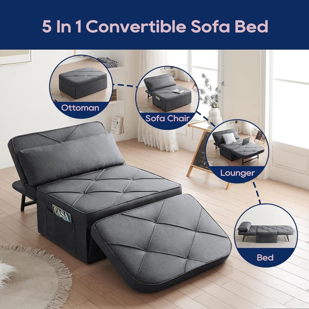 Vonanda Sofa Bed, Convertible Chair 4 in 1 Multi-Function Folding Ottoman Modern Breathable Linen Guest Bed with Adjustable Sleeper for Small Room Apartment,Dark Gray