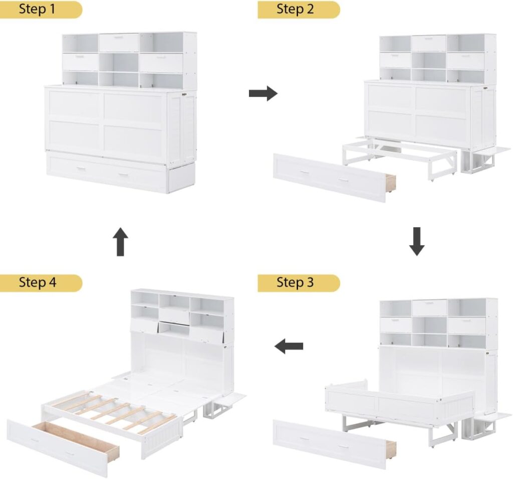 DaiNNCN Murphy Bed Cabinet Queen Size with Bookcase and Drawer Bedside Shelves Combo/Charging Station,Space-Saving Foldable Murphy Chest Cube Bed-White