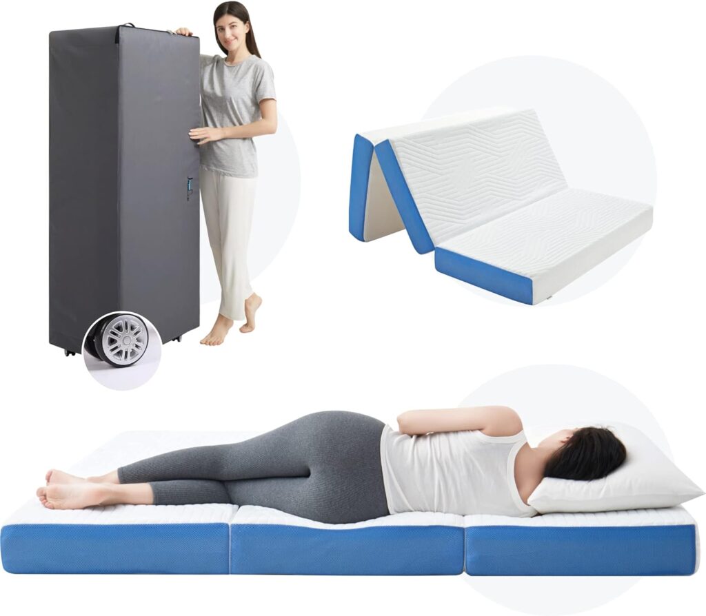 Jamdok 6 Inch Queen Foldable Mattress,Gel-Infused Memory Foam Trifold Mattress with Carry Bag, Washable Cover,Floor Mattress for Guest, SUV Camping Mattress,Portable,(80“x 60“x 6“)