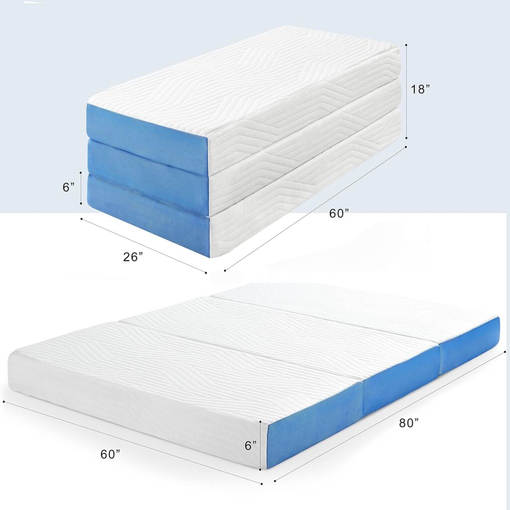 Jamdok 6 Inch Queen Foldable Mattress,Gel-Infused Memory Foam Trifold Mattress with Carry Bag, Washable Cover,Floor Mattress for Guest, SUV Camping Mattress,Portable,(80“x 60“x 6“)