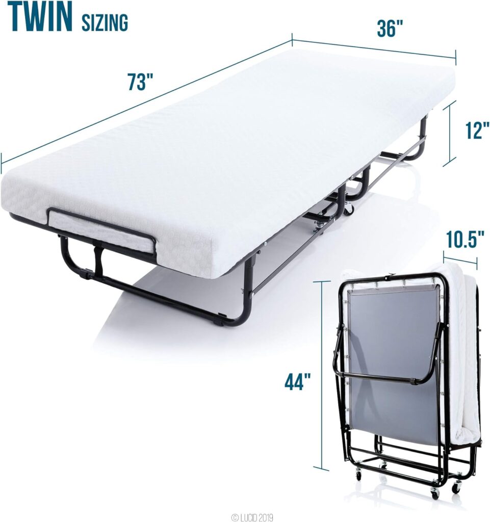 Lucid Rollaway Folding Guest Bed with 4 Inch Memory Foam Mattress- Rolling Twin XL- Easy Storage-Cot Size Bed