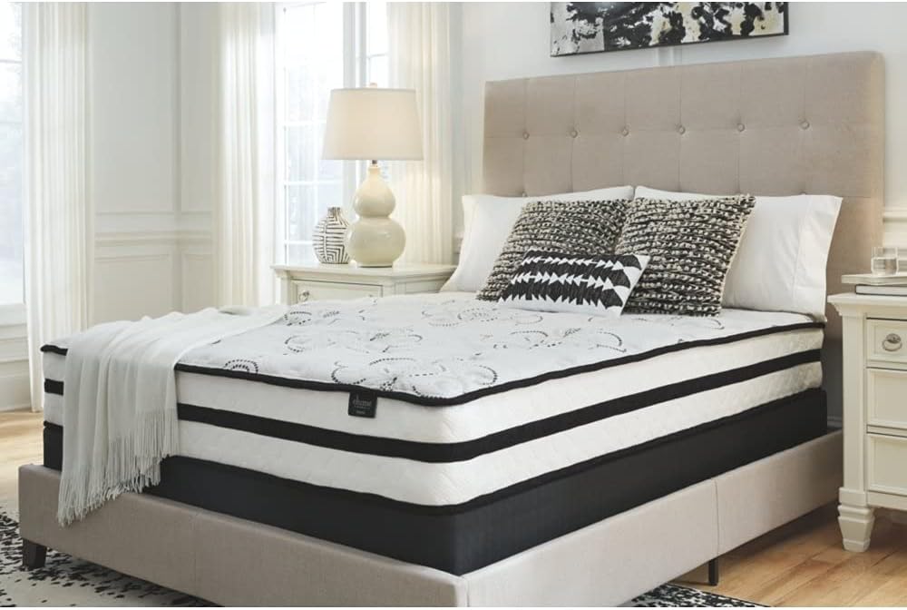 Signature Design by Ashley Chime 10 Inch Medium Firm Hybrid Mattress, CertiPUR-US Certified Foam, Queen, White