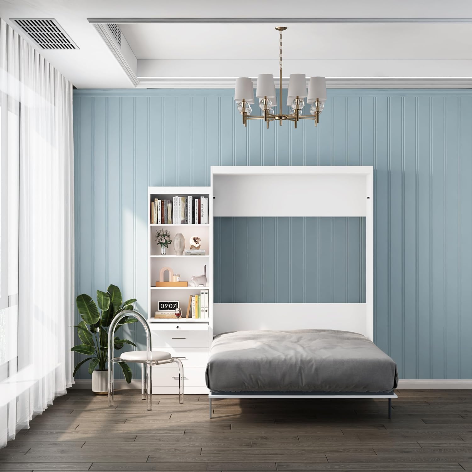Full Size Murphy Bed with Shelf and Drawers, Mordern Design Multifunctional Foldable Platform Bedframe Gas Struts,White
