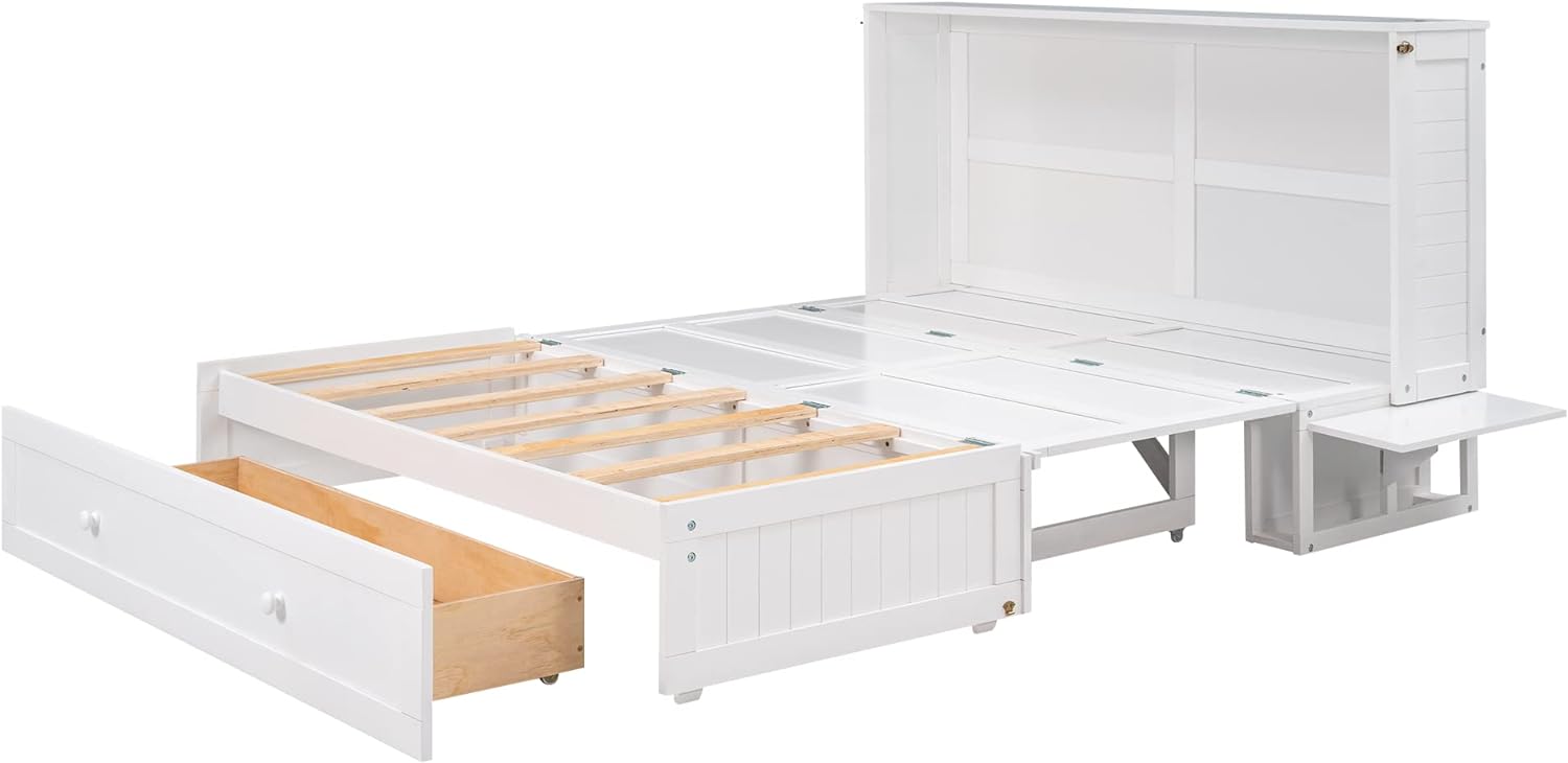 Harper  Bright Designs Queen Size Mobile Murphy Bed with Drawer and Little Shelves on Each Side, Wood Queen Size Bed Frame, White