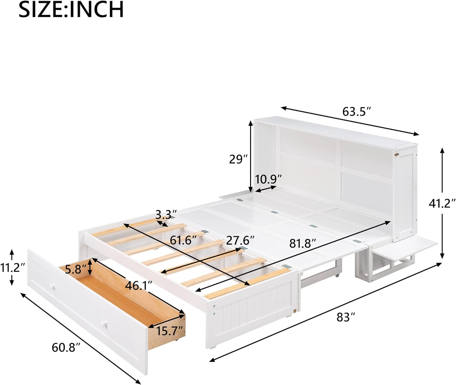 Harper  Bright Designs Queen Size Mobile Murphy Bed with Drawer and Little Shelves on Each Side, Wood Queen Size Bed Frame, White
