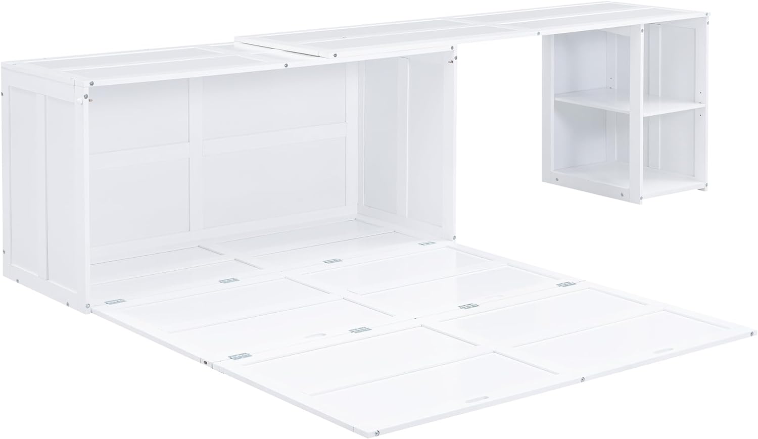 Queen Size Murphy Bed with Rotable Desk and Shelves, Wooden Versatile PlatformBed for Bedroom Guest Room, Space Saving Design, White