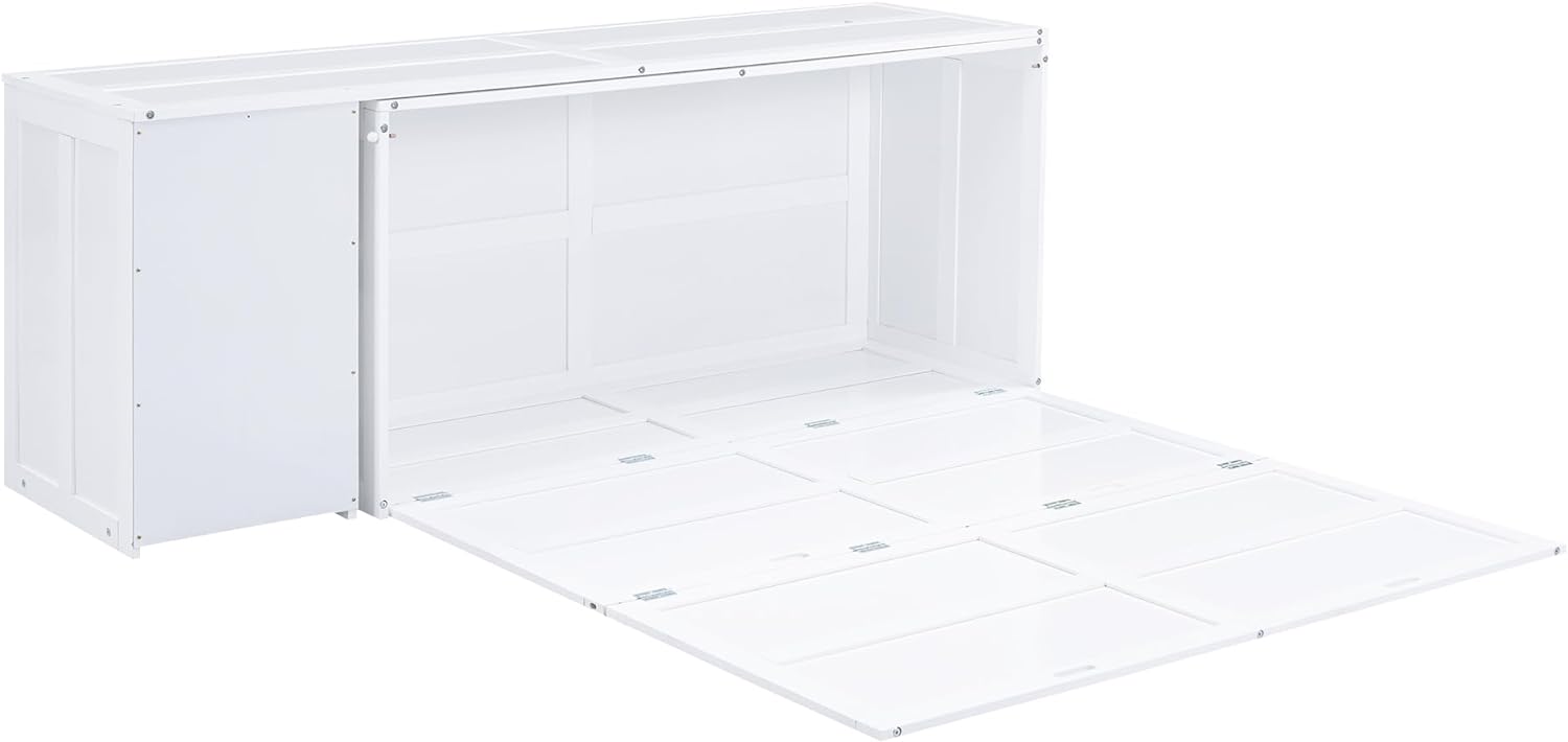 Queen Size Murphy Bed with Rotable Desk and Shelves, Wooden Versatile PlatformBed for Bedroom Guest Room, Space Saving Design, White