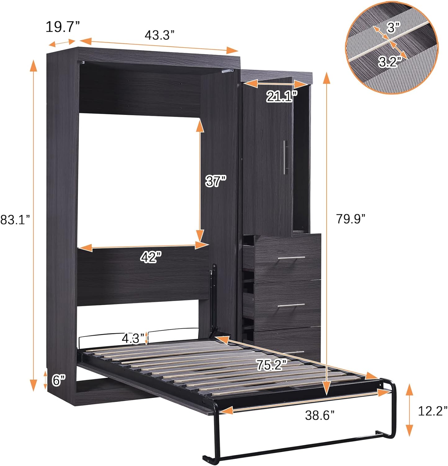 SOFTSEA Full Murphy Bed with Drawers Wall Bed Large Murphy Cabinet Wood Storage Bed, Hide a Bed on a Wardrobe Space Saving