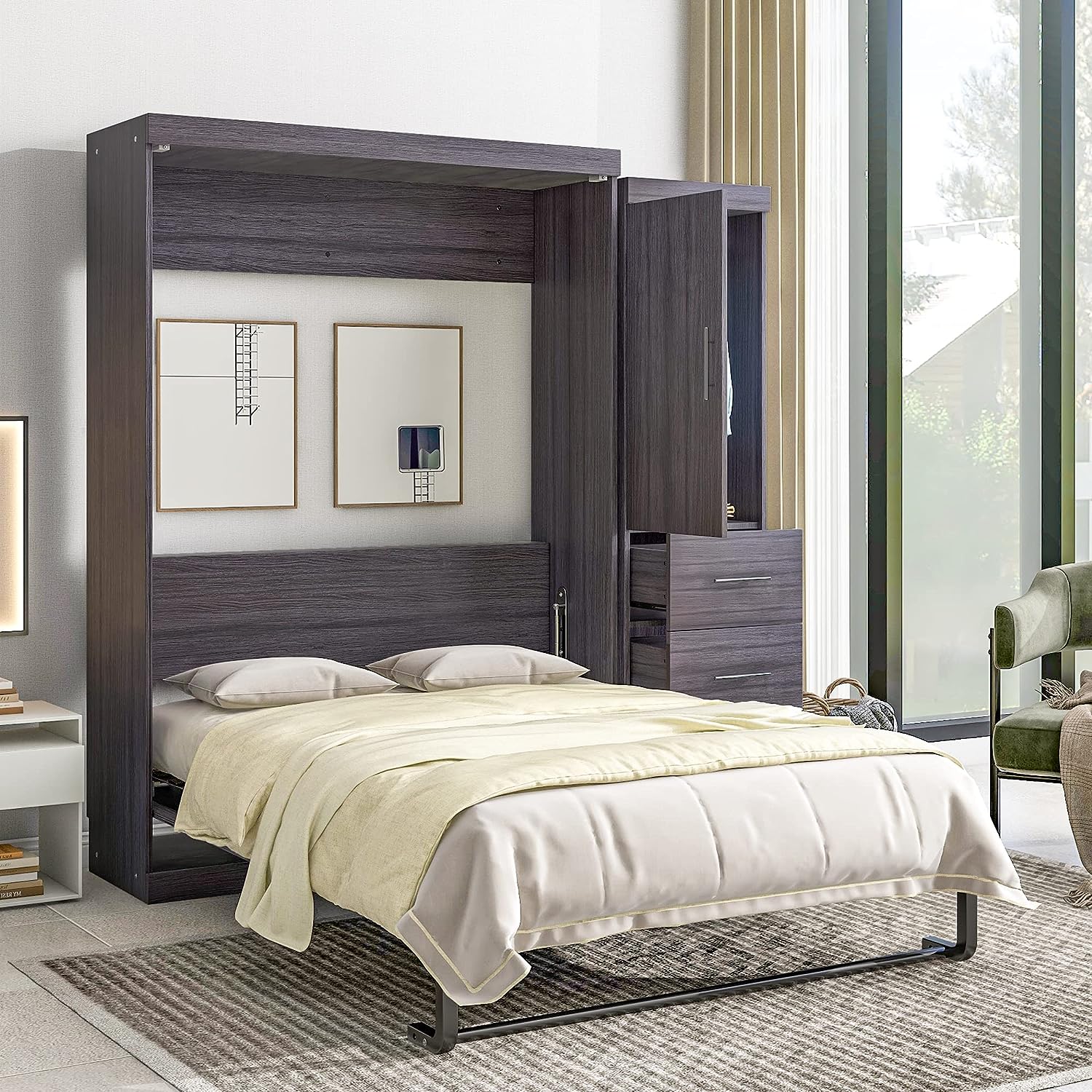 SOFTSEA Full Murphy Bed with Drawers Wall Bed Large Murphy Cabinet Wood Storage Bed, Hide a Bed on a Wardrobe Space Saving