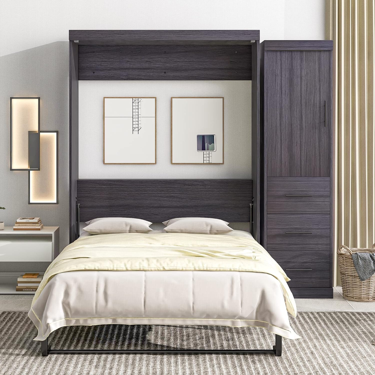 SOFTSEA Full Murphy Bed with Drawers Wall Bed Large Murphy Cabinet Wood Storage Bed, Hide a Bed on a Wardrobe Space Saving