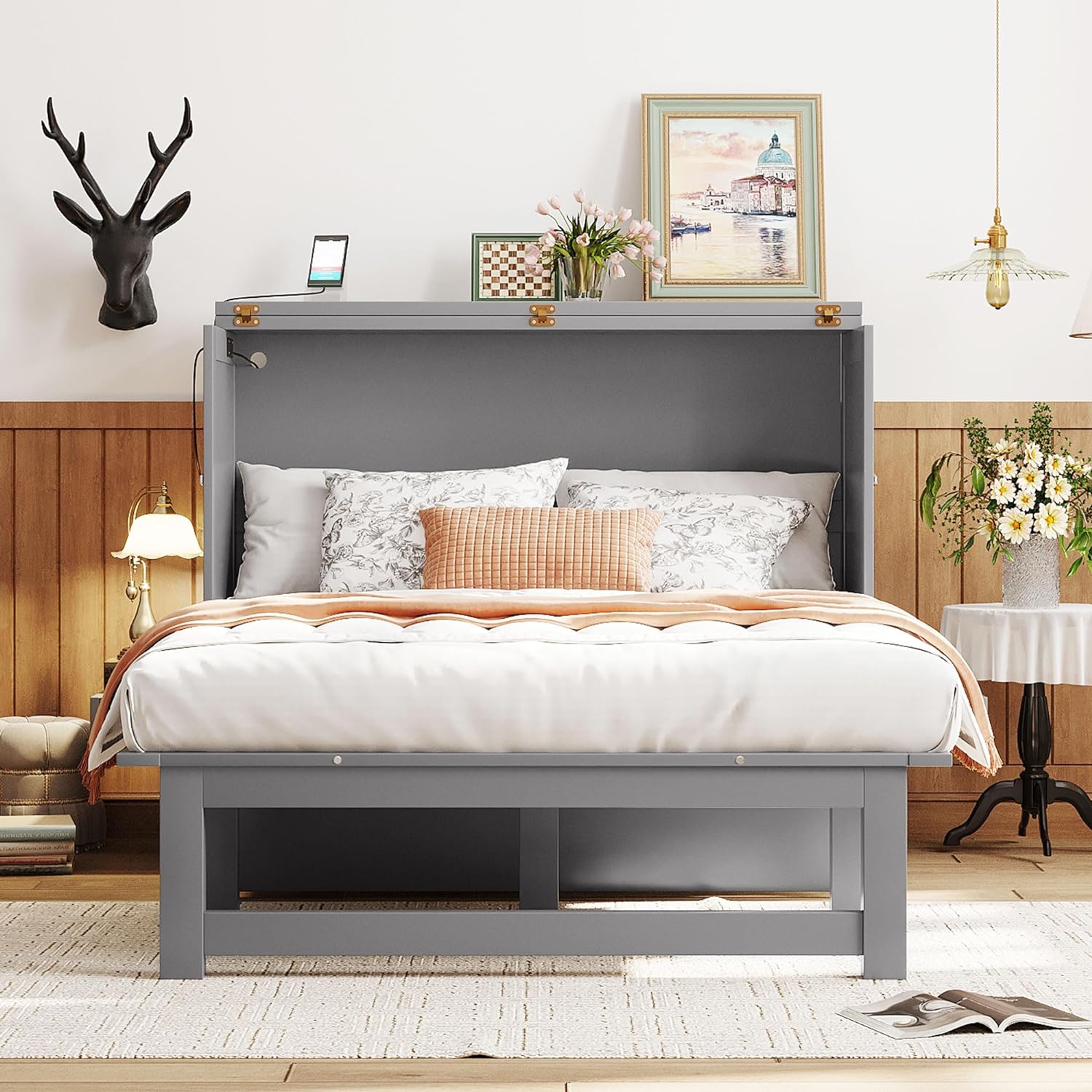 BEDGJH Murphy Bed, Queen Size Murphy Bed with USB Port and Removable Shelves on Each Side for Kids Teens, Space Saving Design  Easy Assembly (Gray, Queen)