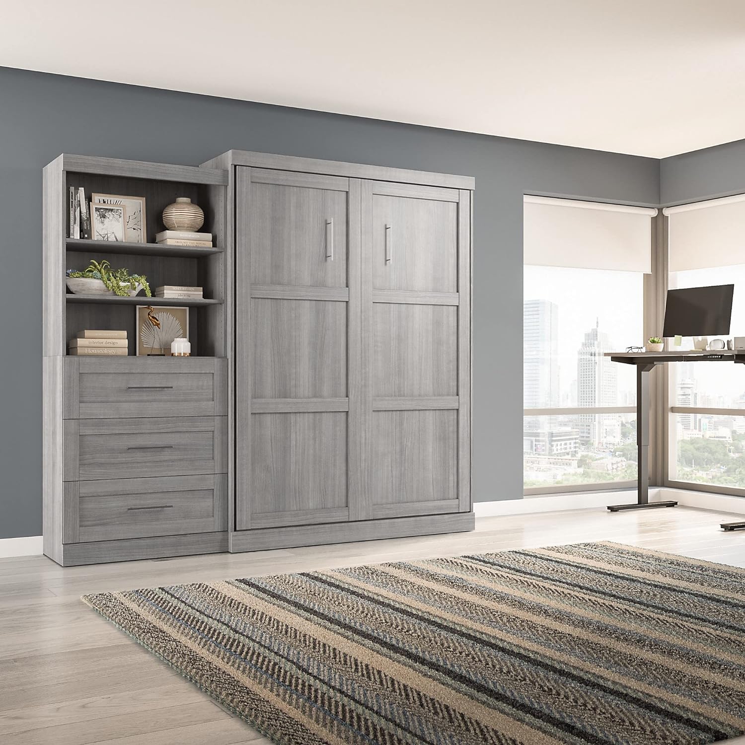 BESTAR Pur Murphy Organizer, Space-Saving Wall Bed for Multipurpose Room with Closet Cabinet, Queen, ASH Gray