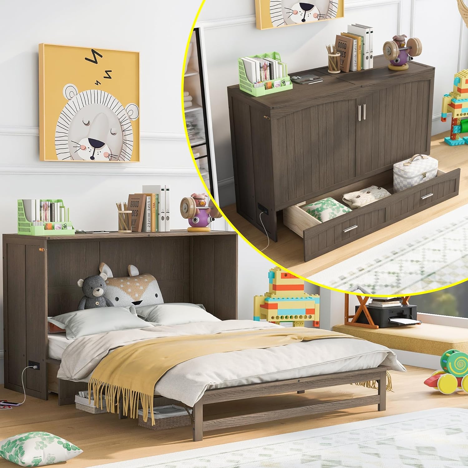 BIADNBZ Queen Size Murphy Bed Cabinet with Built-in Charging Station and Two Drawers,Versatile Foldable Bedframe with Storage for Bedroom Living Room, Space Saving, Antique Grey