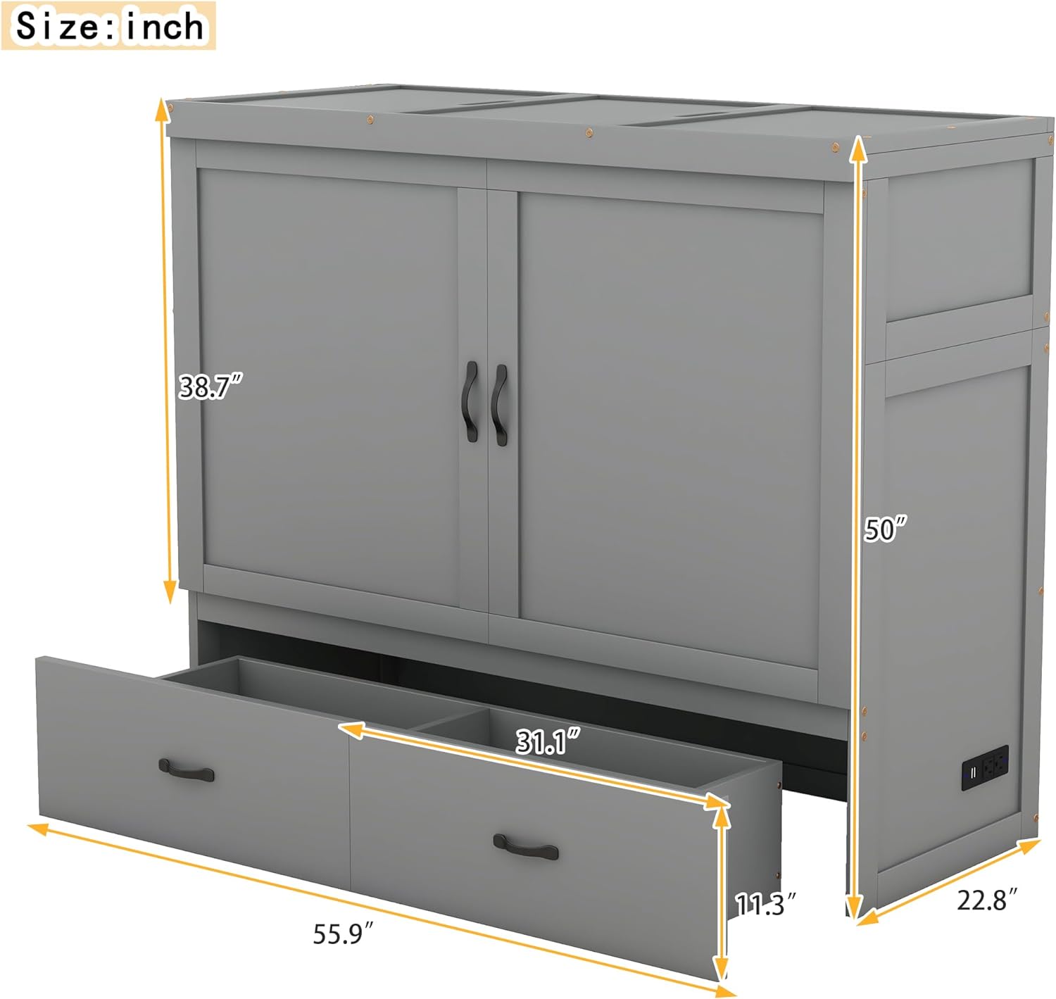 Full Size Murphy Bed and Storage Drawers and USB Port, Space-Saving Wall Bed with Storage,Murphy Bed for Living Room