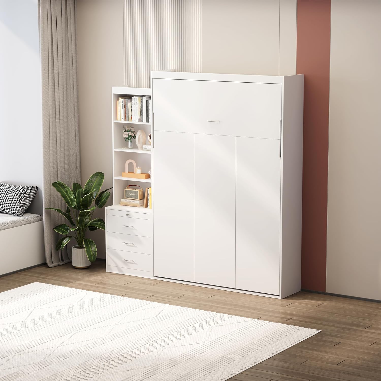 Full Size Vertical Murphy Bed with Storage Shelf and Drawers, Mordern Space Saving Foldable Wall Cabinet Bed for Multipurpose Guest Room, Home Office, Bedroom