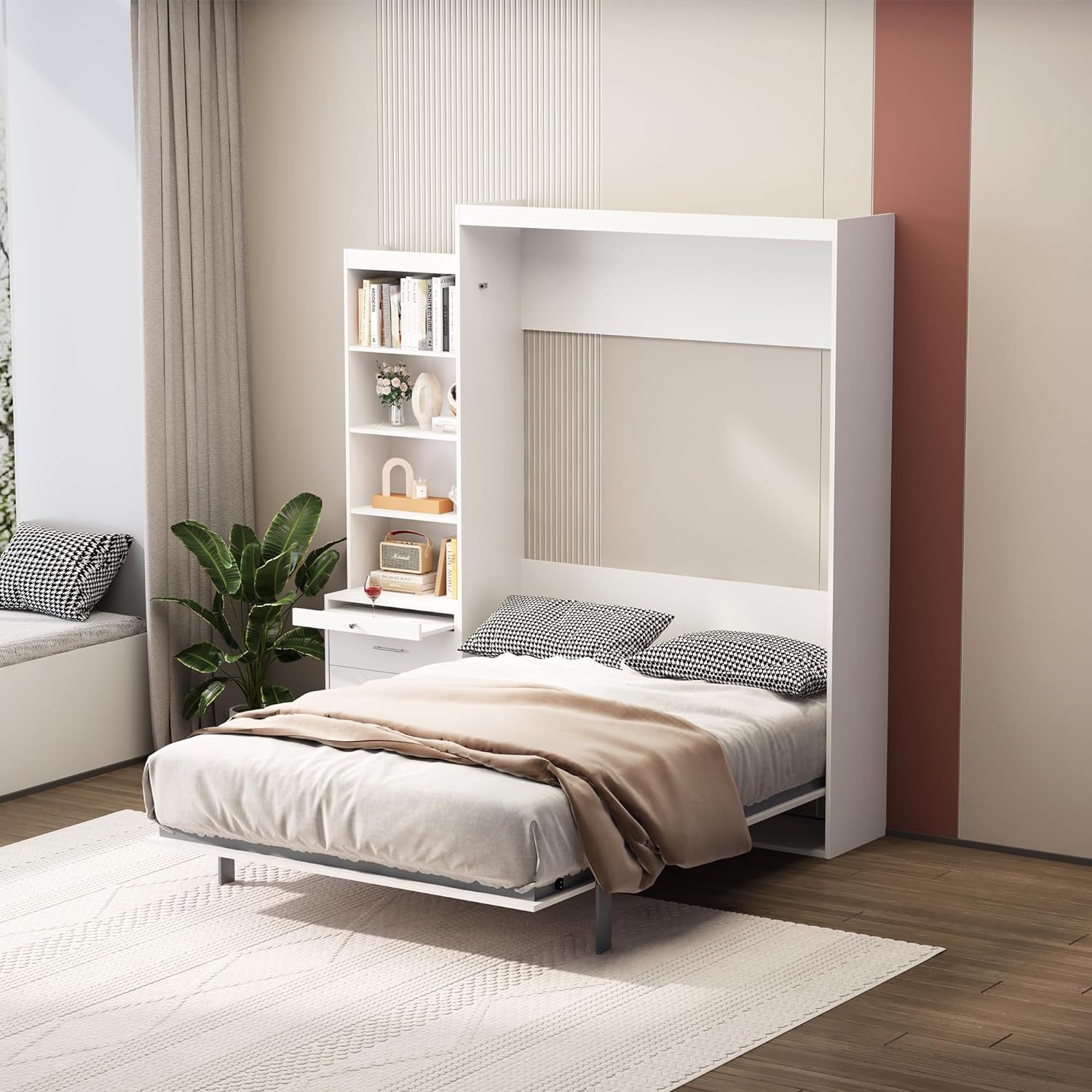 Full Size Vertical Murphy Bed with Storage Shelf and Drawers, Mordern Space Saving Foldable Wall Cabinet Bed for Multipurpose Guest Room, Home Office, Bedroom