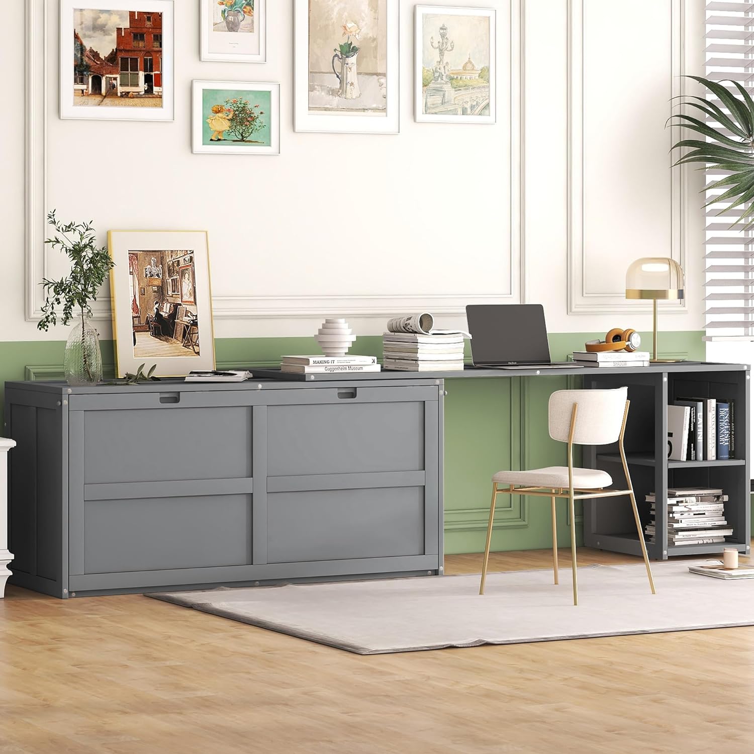 Harper  Bright Designs Modern Murphy Bed with Rotable Desk, Easy Fold Wood Murphy Bed Queen, Space-Saving Murphy Bed Cabinet for Guest Room Home Office, Grey