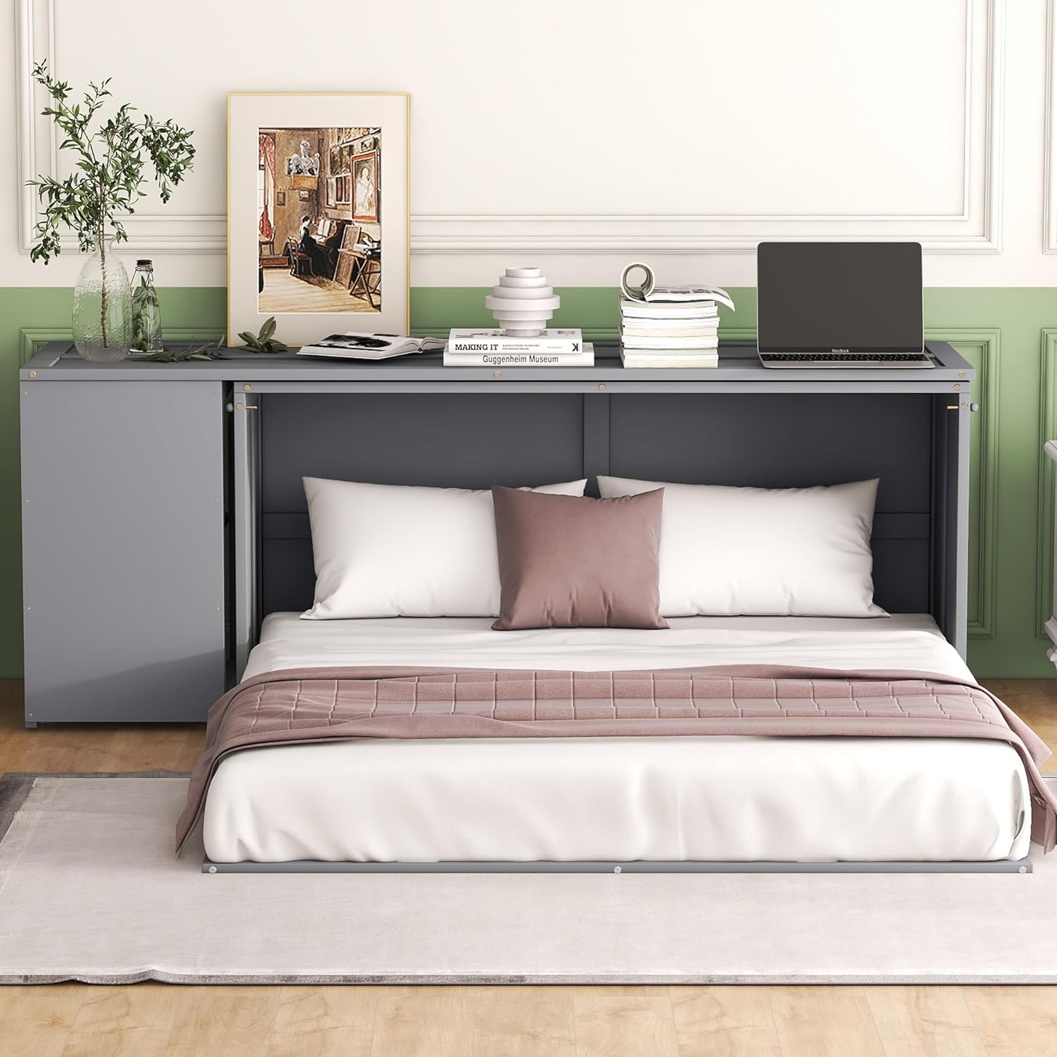 Harper  Bright Designs Modern Murphy Bed with Rotable Desk, Easy Fold Wood Murphy Bed Queen, Space-Saving Murphy Bed Cabinet for Guest Room Home Office, Grey