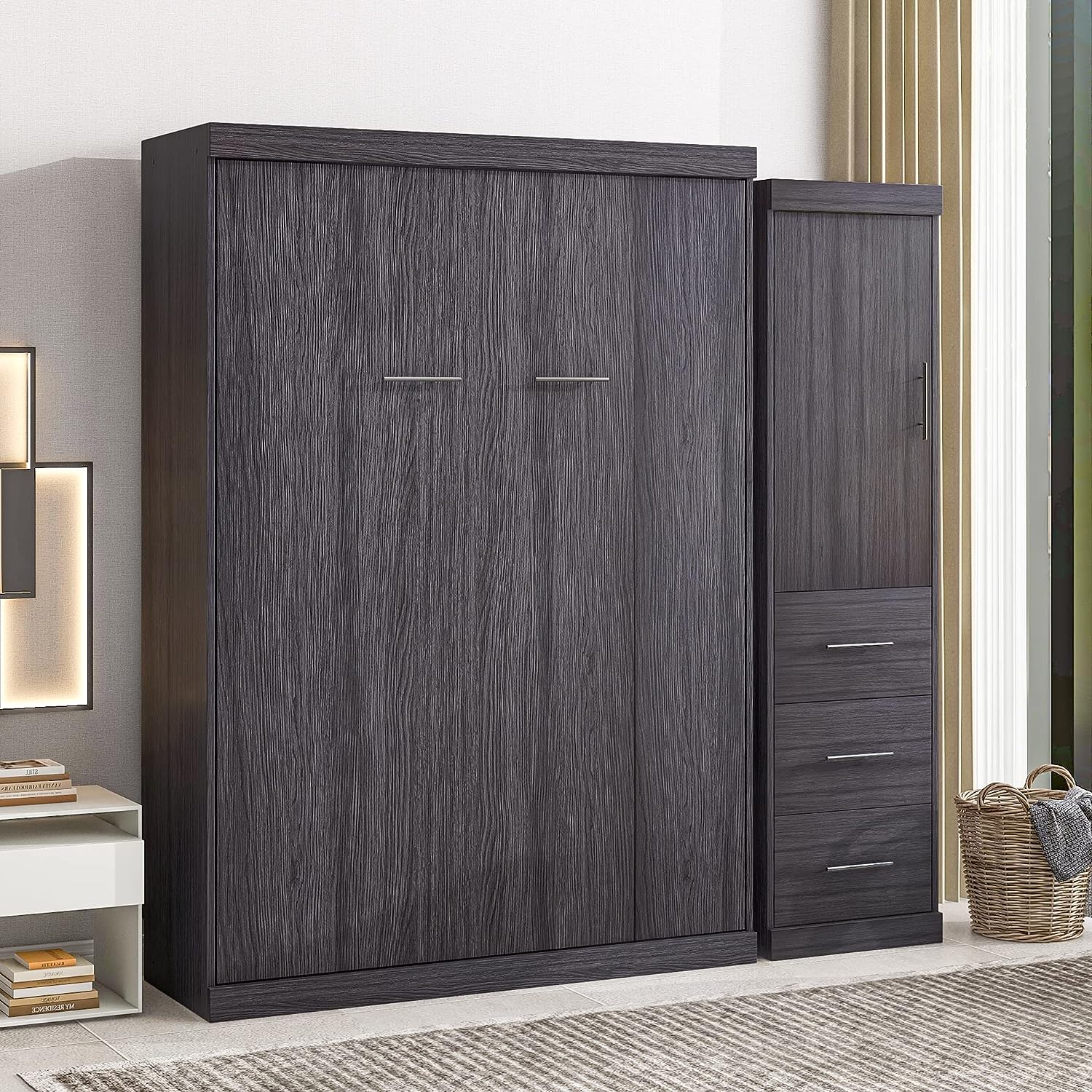 Multifunctional Full Size Murphy Bed with Storage Wardrobe and 3 Drawers, Solid Wood Wall Bed can be Folded into a Cabinet, Modern Foldable Storage Bed Frame for Multipurpose Guest Room or Home Office