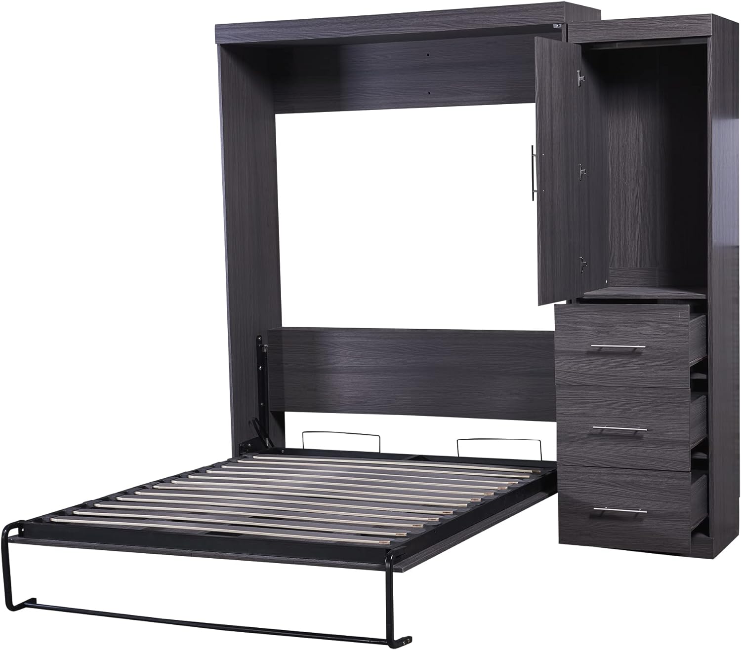 Multifunctional Full Size Murphy Bed with Storage Wardrobe and 3 Drawers, Solid Wood Wall Bed can be Folded into a Cabinet, Modern Foldable Storage Bed Frame for Multipurpose Guest Room or Home Office