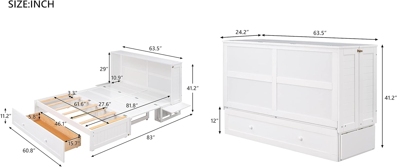 Murphy Bed Chest Queen Size, JULLYFOX Space Saving Platform Bed Queen Size with Storage Drawers Underneath 400 lbs Heavy Duty