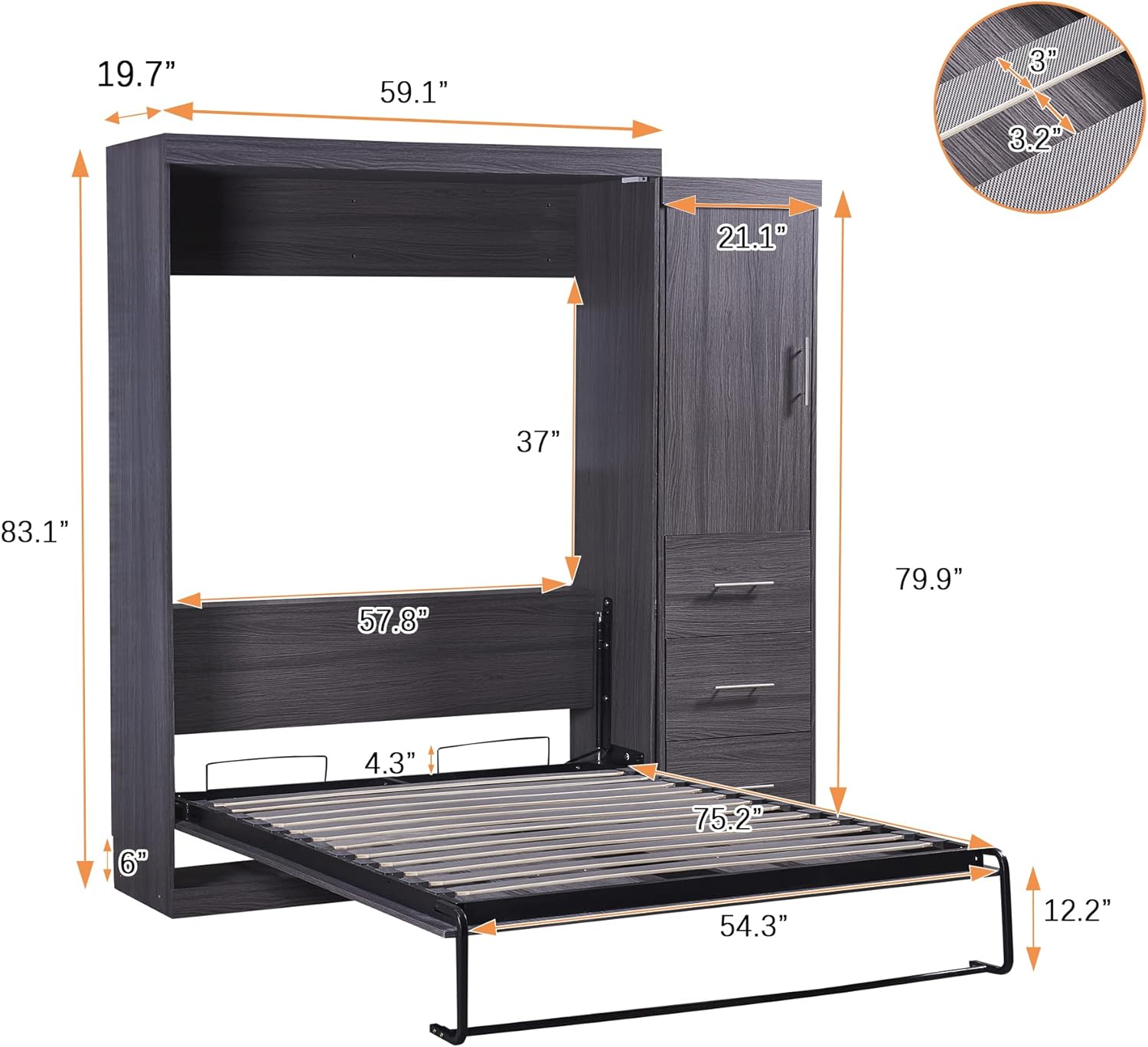 Quarte Multifunctional Full Size Murphy Bed with Wardrobe and 3 Drawers,Solid Wood Storage Bed can be Folded into a Cabinet,for Small Spaces Apartments Studio Guest Room Use