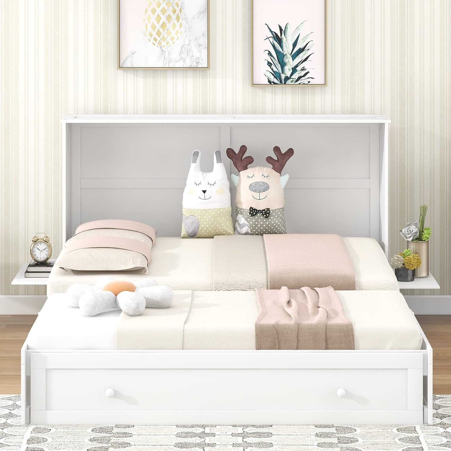 Queen Size Mobile Daybeds with Drawer and Bedside Shelves Collapsible Platform Bed, Bedframe w/Wood Slat Support, Easy to Assemble, Space Saving Design, White