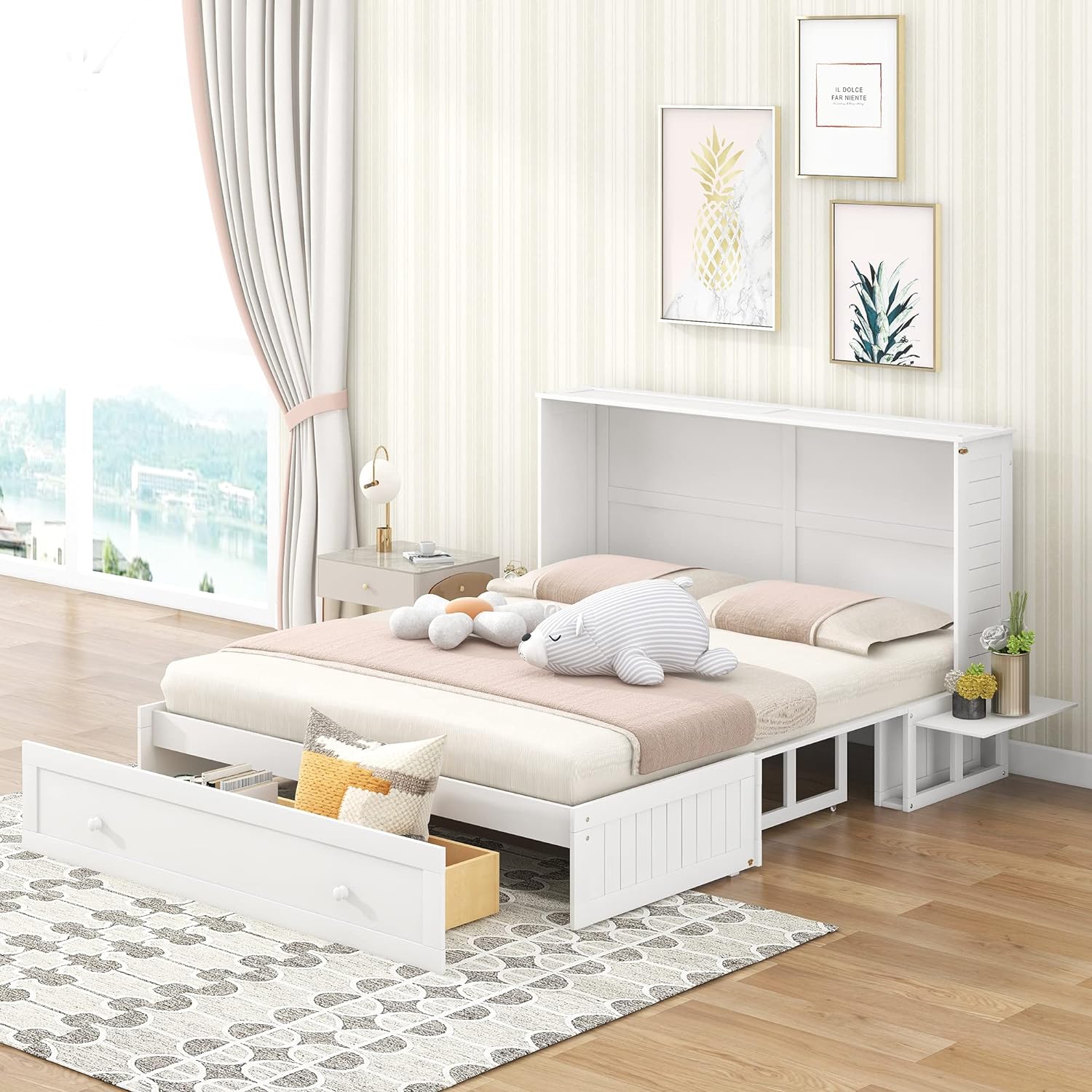 Queen Size Mobile Daybeds with Drawer and Bedside Shelves Collapsible Platform Bed, Bedframe w/Wood Slat Support, Easy to Assemble, Space Saving Design, White