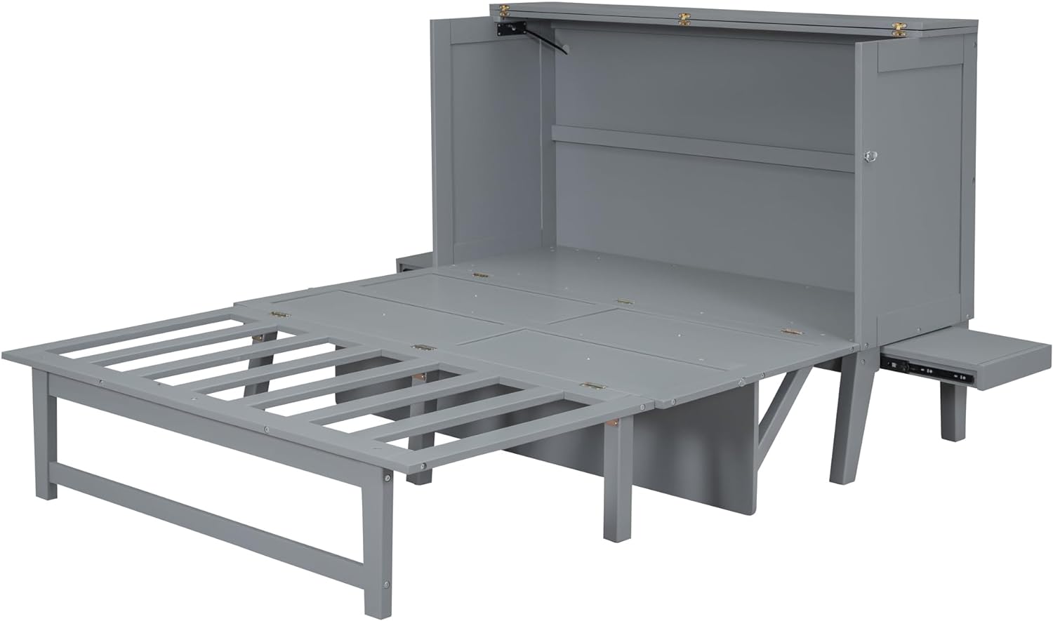 Queen Size Murphy Bed with USB Port and Desk, Full Platform Bed with Removable Shelves on Each Side, Wood Frame, for Guest Room Home Office(Grey)