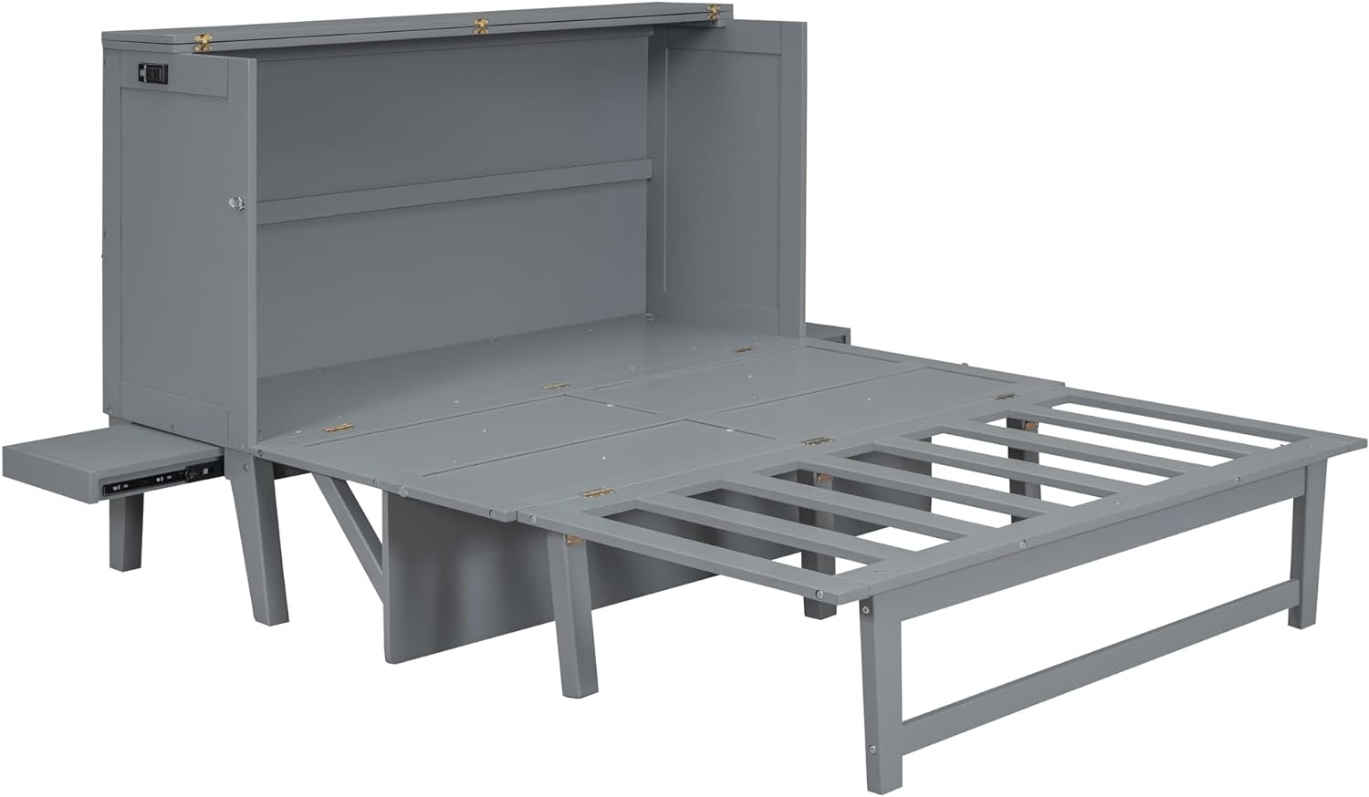 Queen Size Murphy Bed with USB Port and Desk, Full Platform Bed with Removable Shelves on Each Side, Wood Frame, for Guest Room Home Office(Grey)