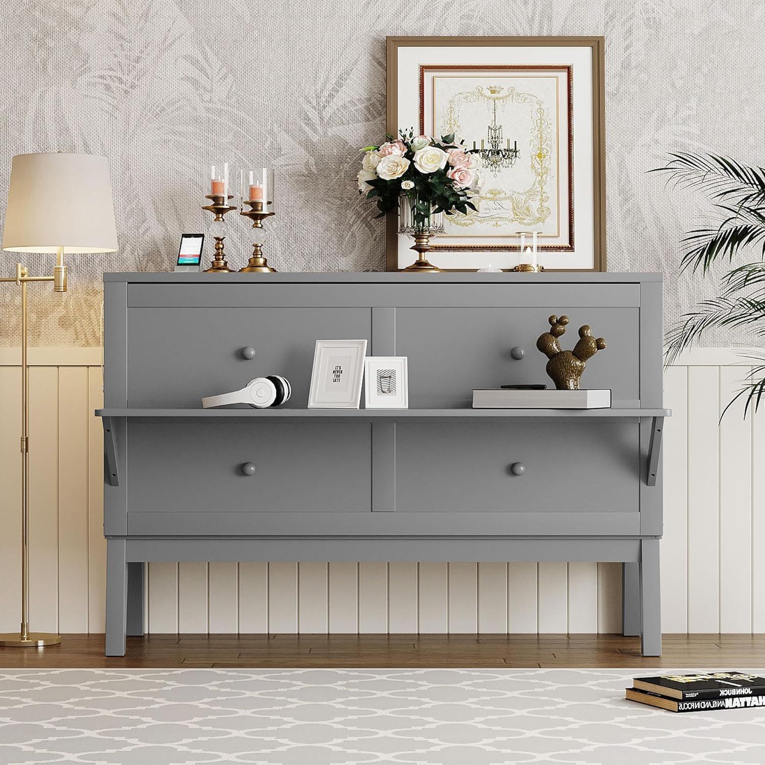 Queen Size Murphy Bed with USB Port and Desk, Full Platform Bed with Removable Shelves on Each Side, Wood Frame, for Guest Room Home Office(Grey)