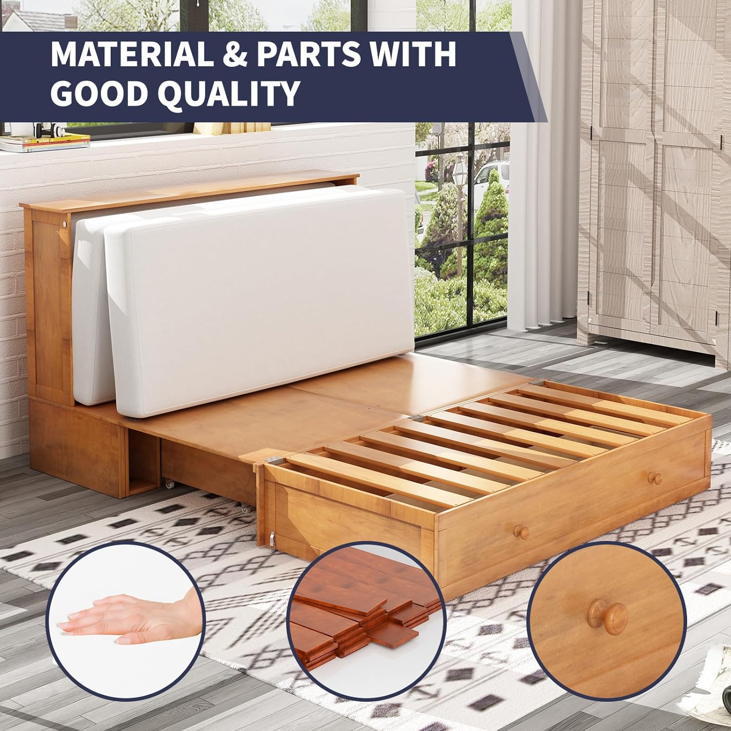 Cube Murphy Bed Queen, Murphy Cabinet Chest Bed with Charging Station  3 Level Foldable Memory Foam Mattress   Large Drawer for Guests Room (Poplar Grey)
