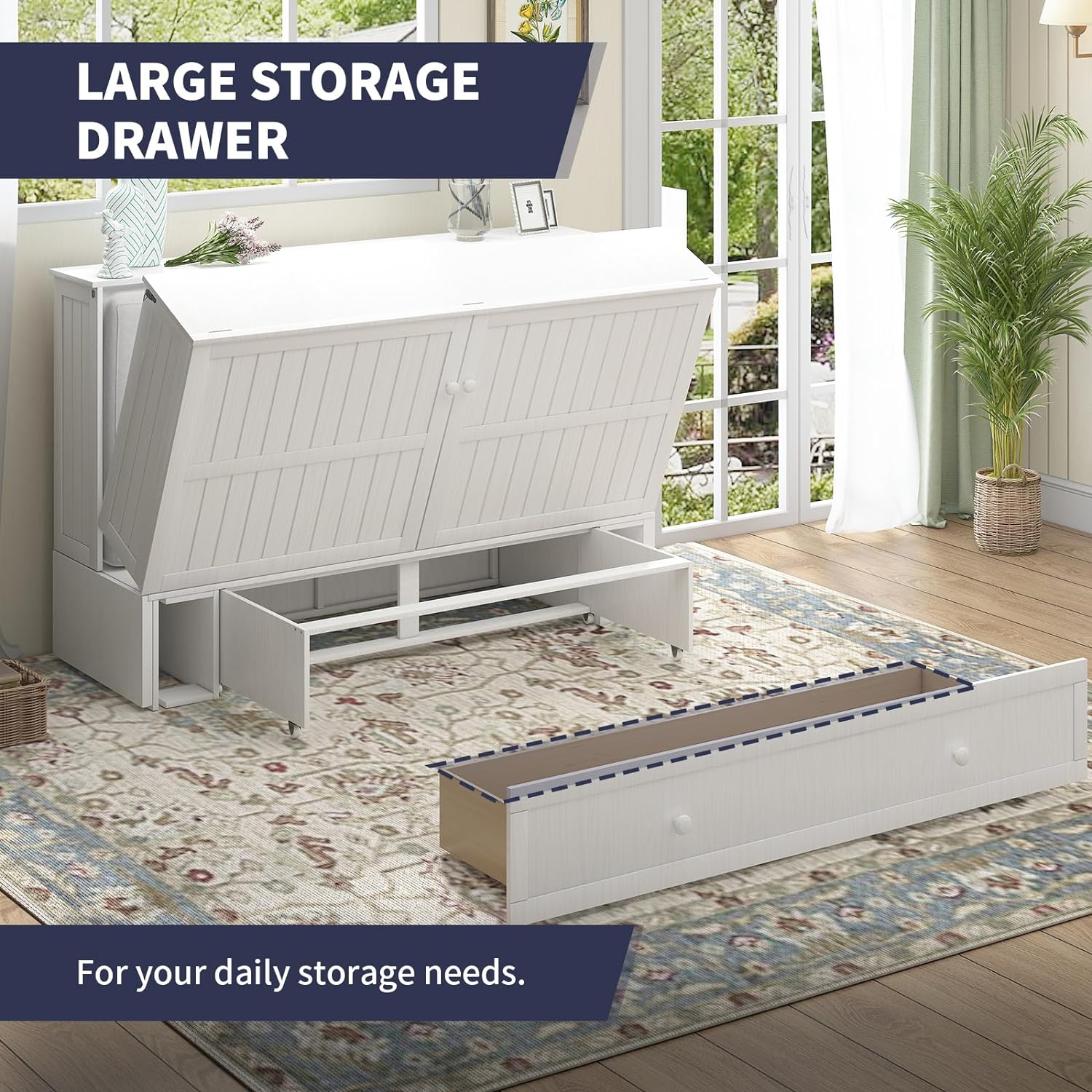 Cube Murphy Bed Queen, Murphy Cabinet Chest Bed with Charging Station  3 Level Foldable Memory Foam Mattress   Large Drawer for Guests Room (Poplar Grey)