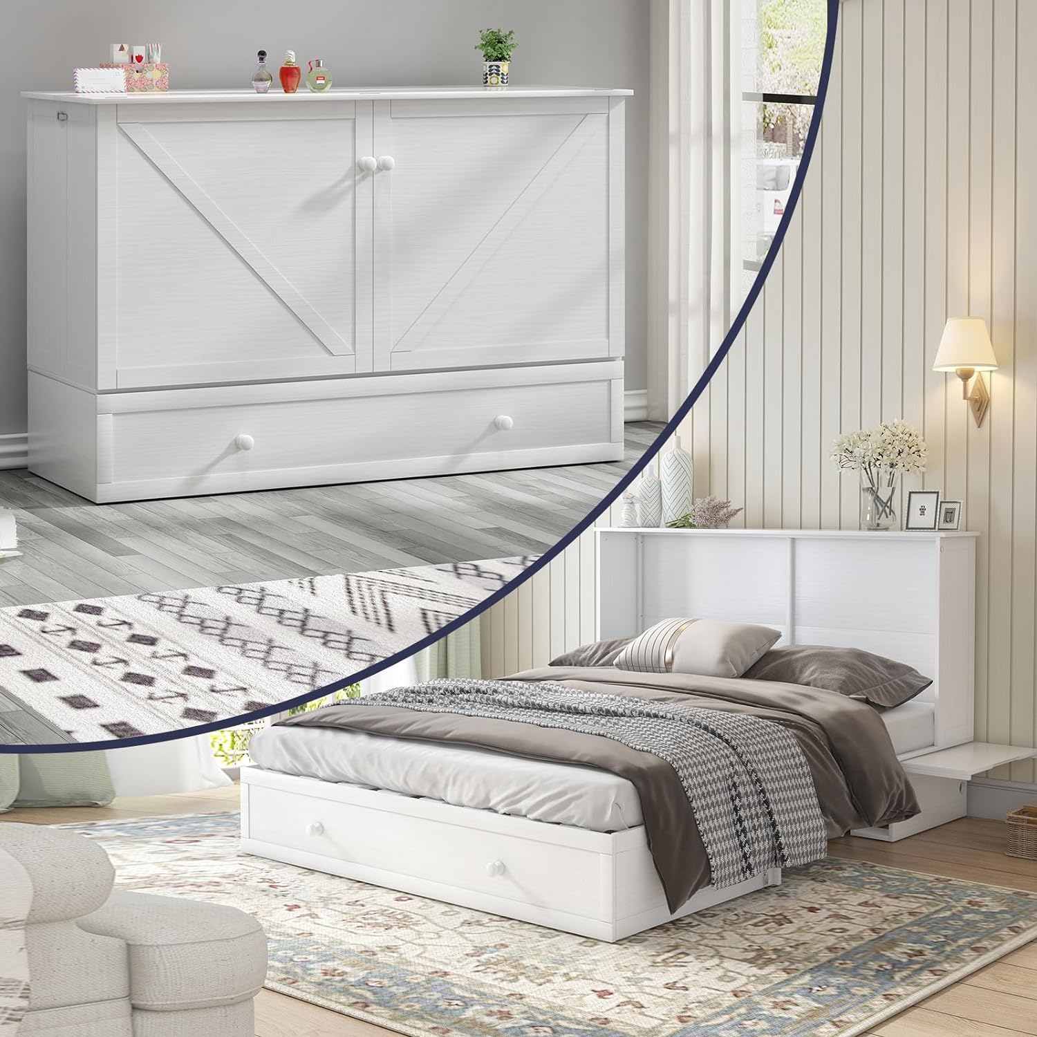 Cube Murphy Bed Queen, Murphy Cabinet Chest Bed with Charging Station  3 Level Foldable Memory Foam Mattress   Large Drawer for Guests Room (Poplar Grey)