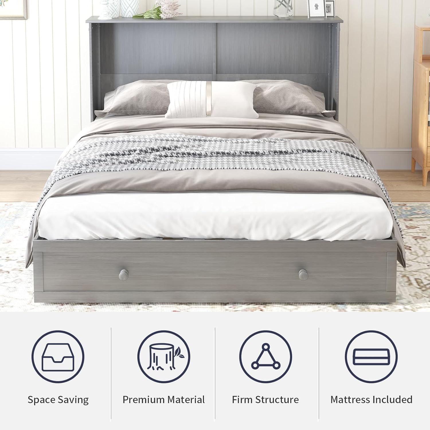 Cube Murphy Bed Queen, Murphy Cabinet Chest Bed with Charging Station  3 Level Foldable Memory Foam Mattress   Large Drawer for Guests Room (Poplar Grey)