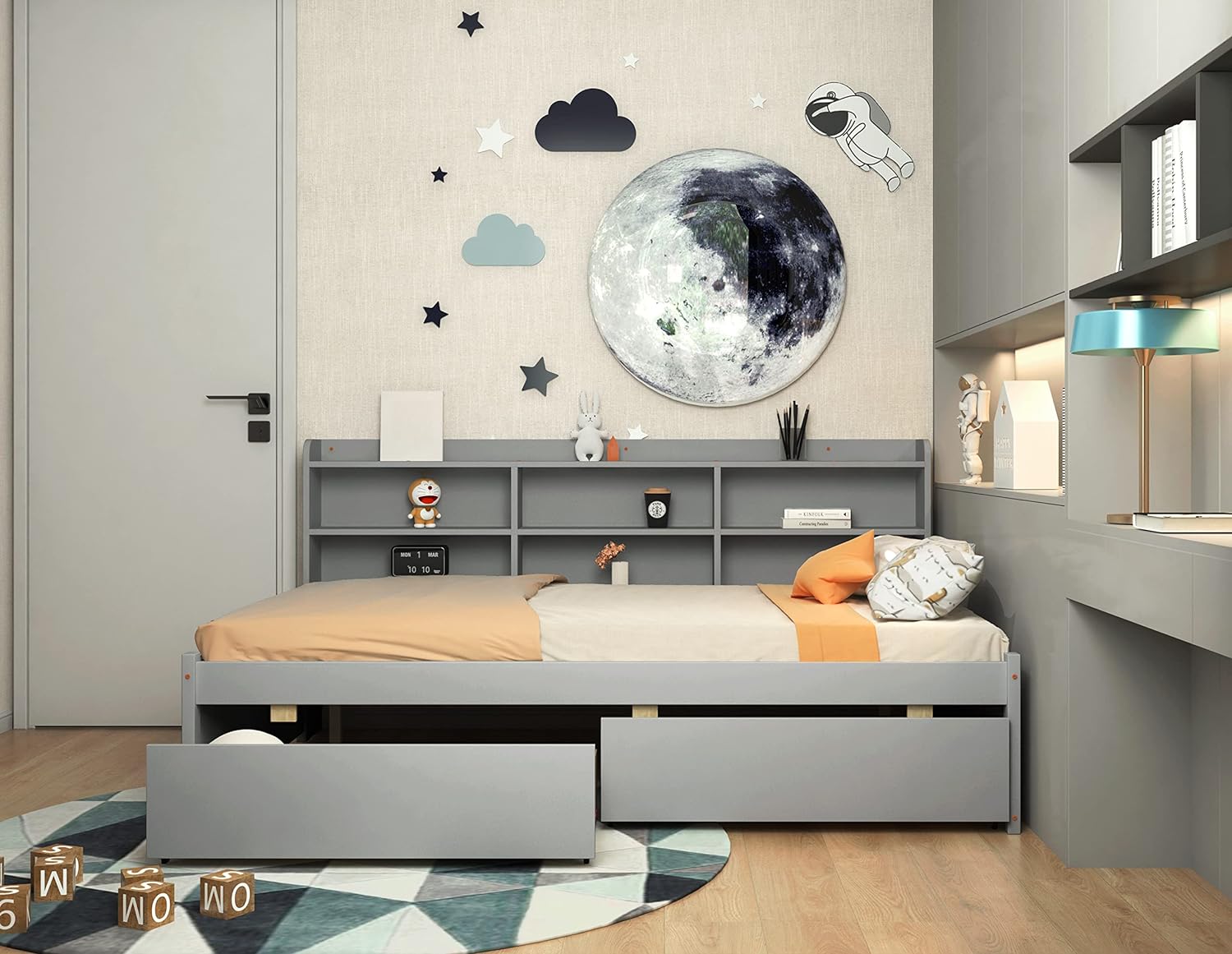DEINPPA Murphy Bed Chest Full Size, Murphy Cube Cabinet Bed with Charging Station and Adjustable Shelves On Both Sides, for Small Spaces, Guest Room Lounge or Office, Apartment-Grey