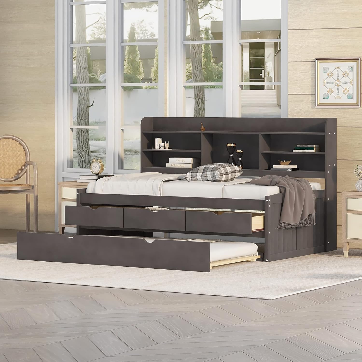 DEINPPA Murphy Bed Chest Full Size, Murphy Cube Cabinet Bed with Charging Station and Adjustable Shelves On Both Sides, for Small Spaces, Guest Room Lounge or Office, Apartment-Grey