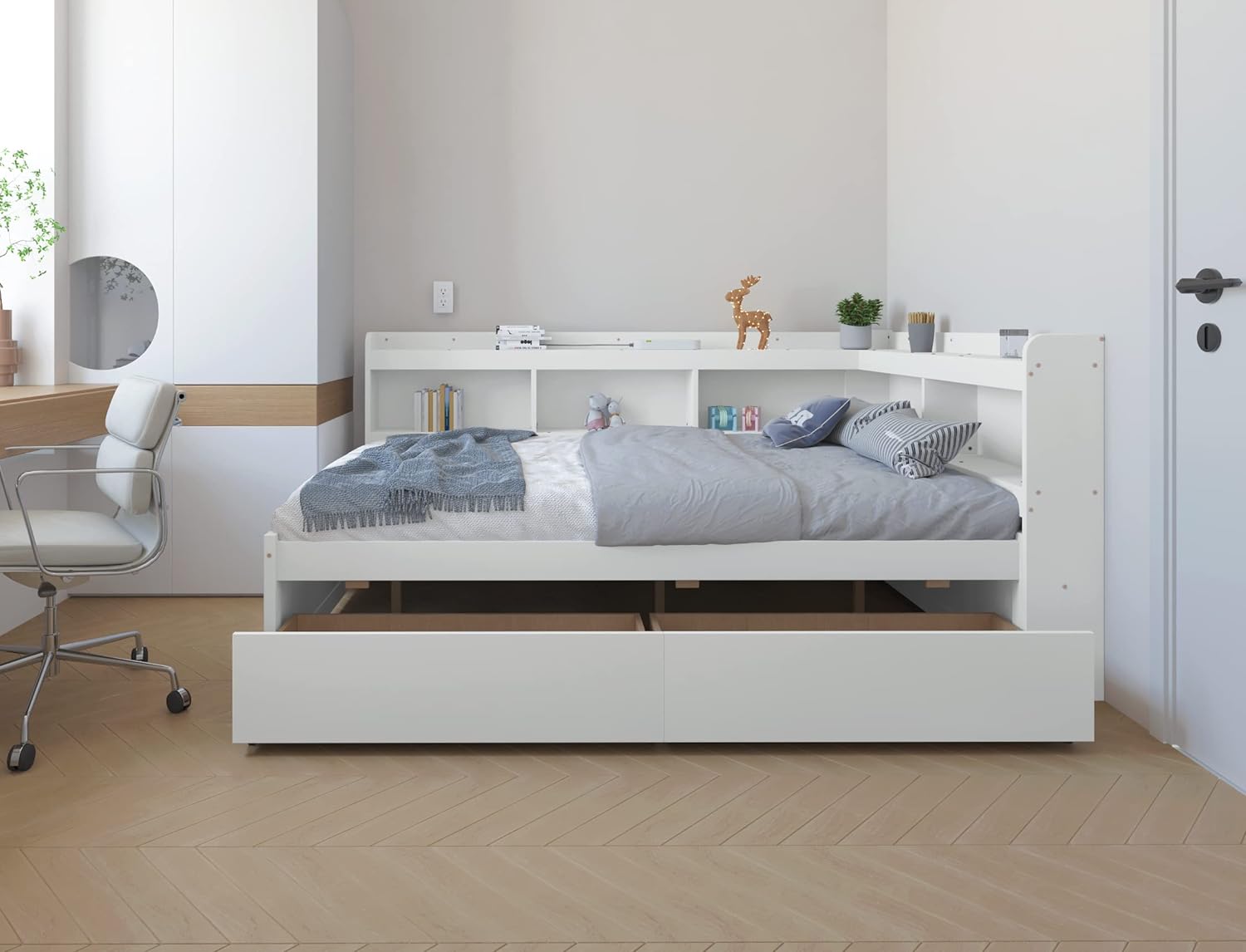 DEINPPA Murphy Bed Chest Full Size, Murphy Cube Cabinet Bed with Charging Station and Adjustable Shelves On Both Sides, for Small Spaces, Guest Room Lounge or Office, Apartment-Grey