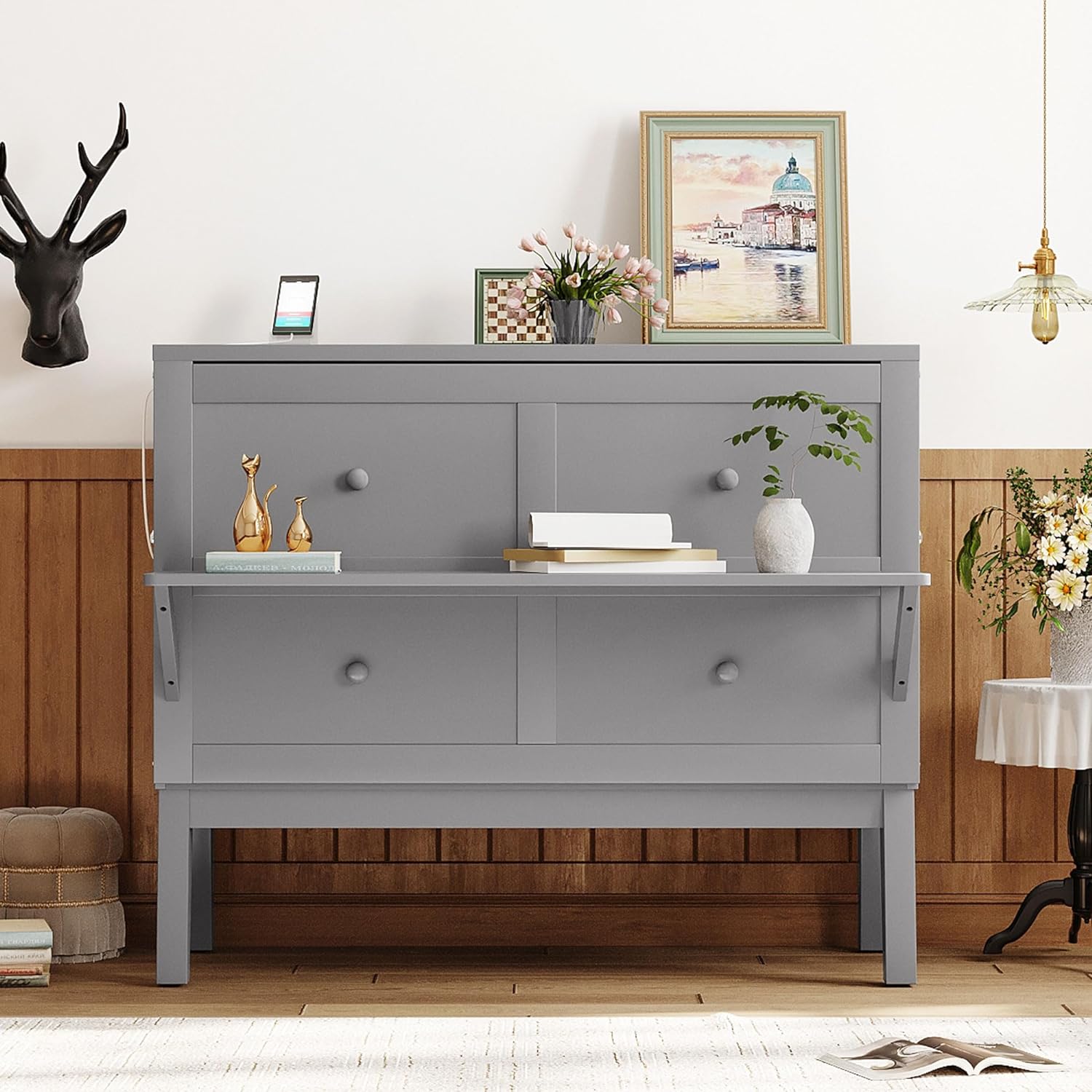 DEINPPA Murphy Bed Chest Full Size, Murphy Cube Cabinet Bed with Charging Station and Adjustable Shelves On Both Sides, for Small Spaces, Guest Room Lounge or Office, Apartment-Grey