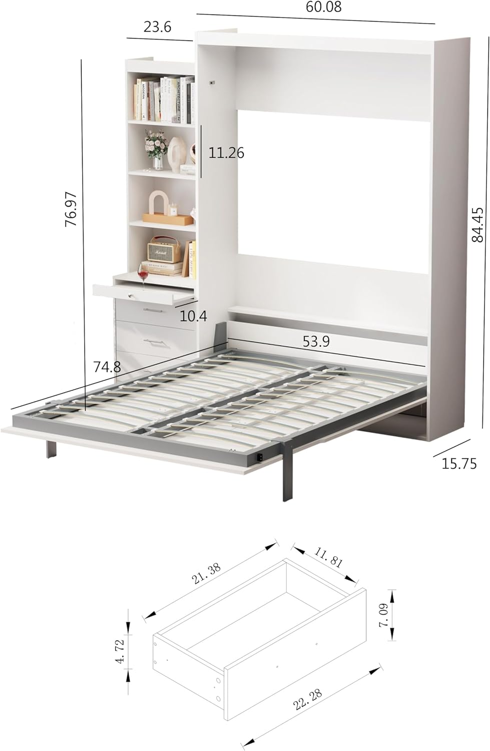 Full Size Murphy Bed with Shelf and Drawers for Guestroom, Vertical Wall Murphy Bed Space Saving Hidden Bed Gas Struts for Bedroom Living Room (White)
