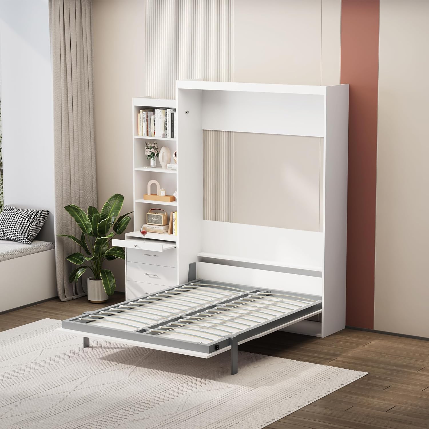 Morden Deisgn Full Size Vertical Murphy Bed Wall Bed with Shelf and Drawers for Kids Adults Bedroom,Space Saving Hidden Bed Gas Struts