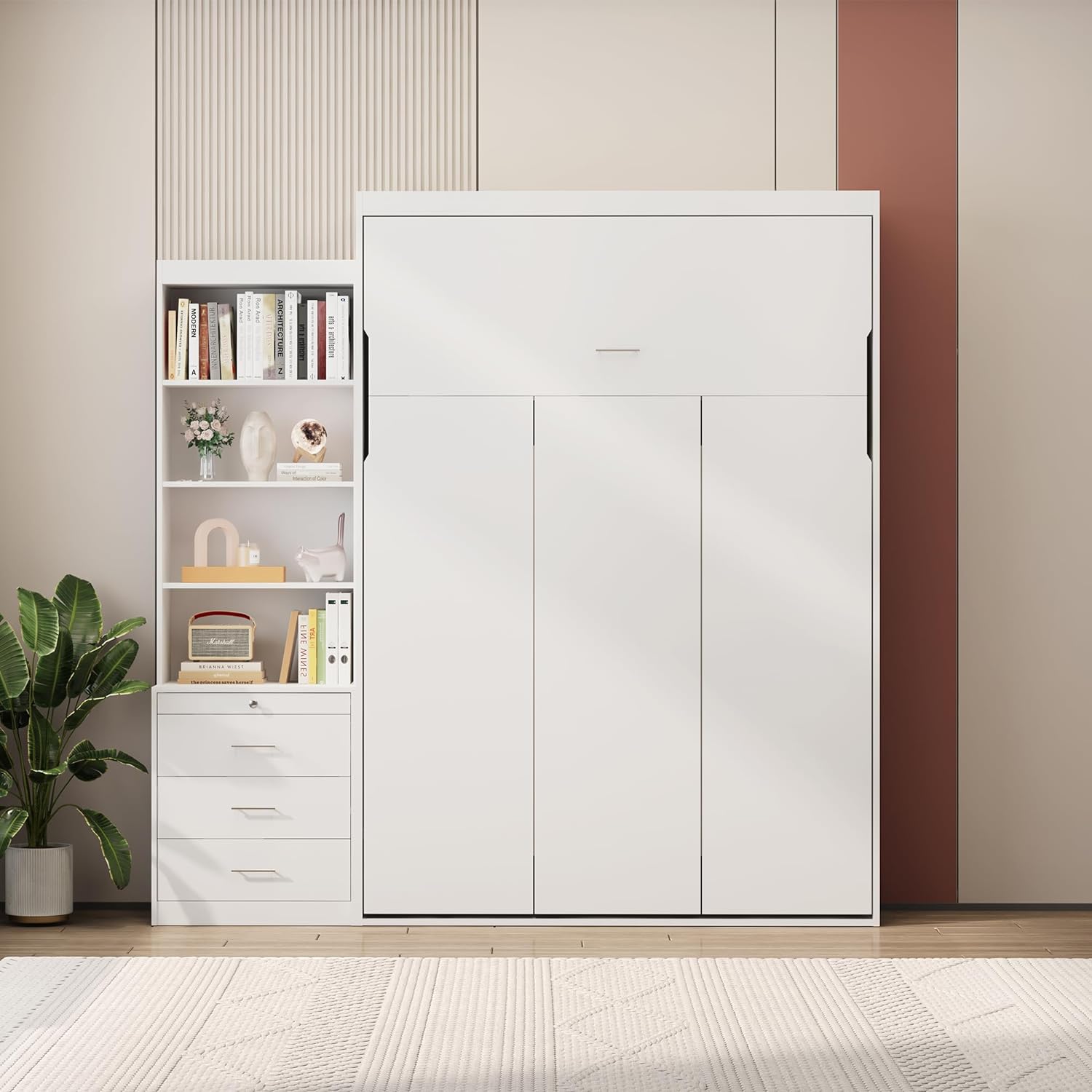 Morden Deisgn Full Size Vertical Murphy Bed Wall Bed with Shelf and Drawers for Kids Adults Bedroom,Space Saving Hidden Bed Gas Struts