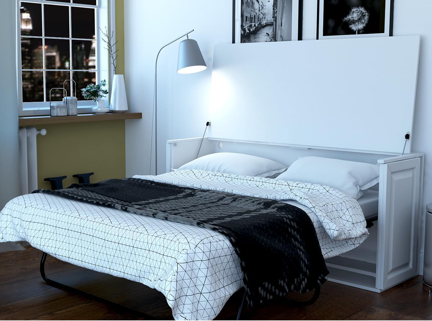 Orion Console Bed with Desk | Murphy Cabinet Bed Queen with Mattress Perfect for Home Office Guest Bed | Multipurpose Space-Saving Furniture (White)