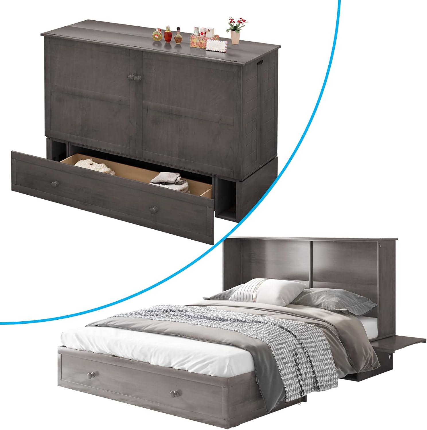 Queen Size Cabinet Murphy Bed, Murphy Bed with Foldable Foam Mattress, Space-Saving Cube Murphy Bed with Charging Station and Large Storage Drawer (Grey)