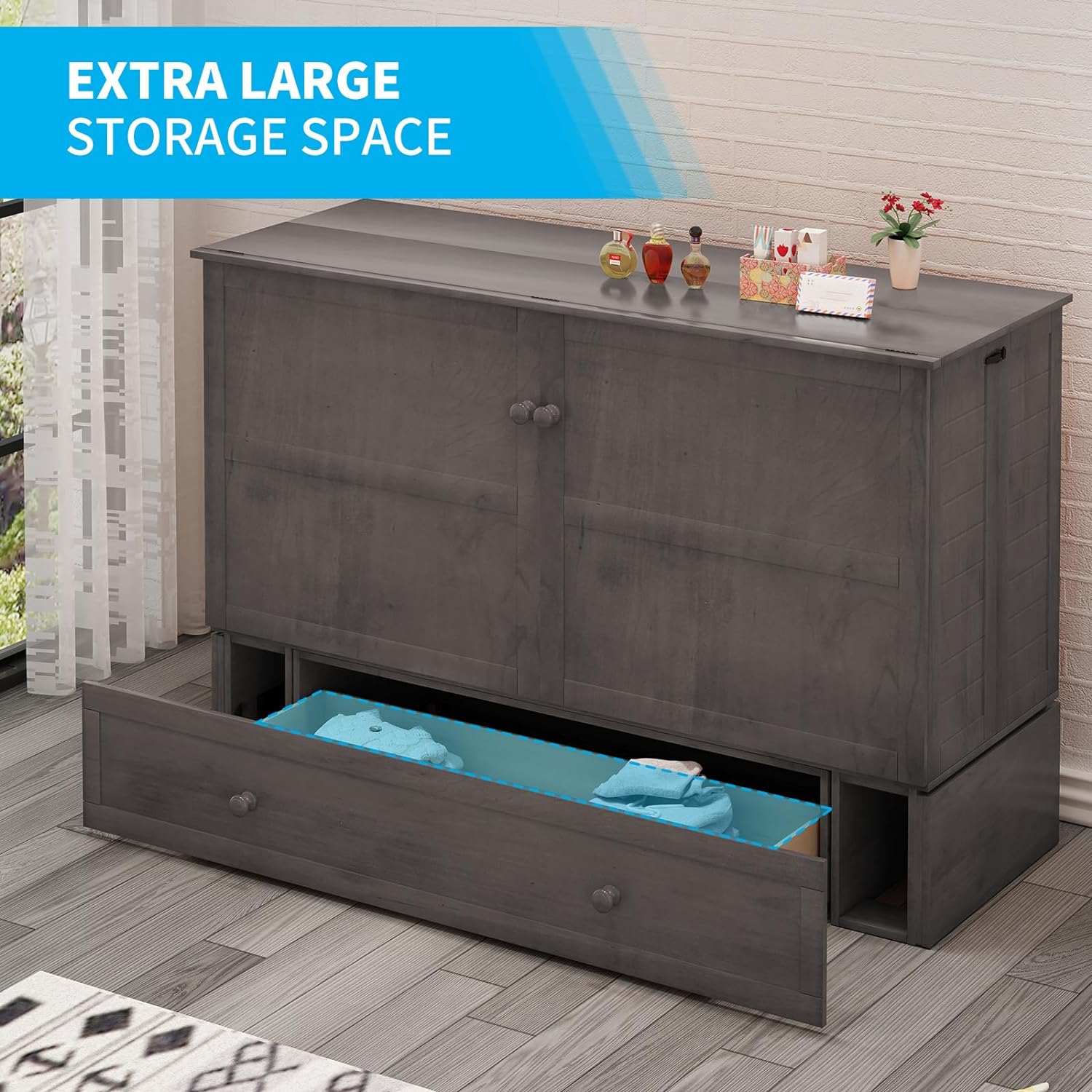 Queen Size Cabinet Murphy Bed, Murphy Bed with Foldable Foam Mattress, Space-Saving Cube Murphy Bed with Charging Station and Large Storage Drawer (Grey)