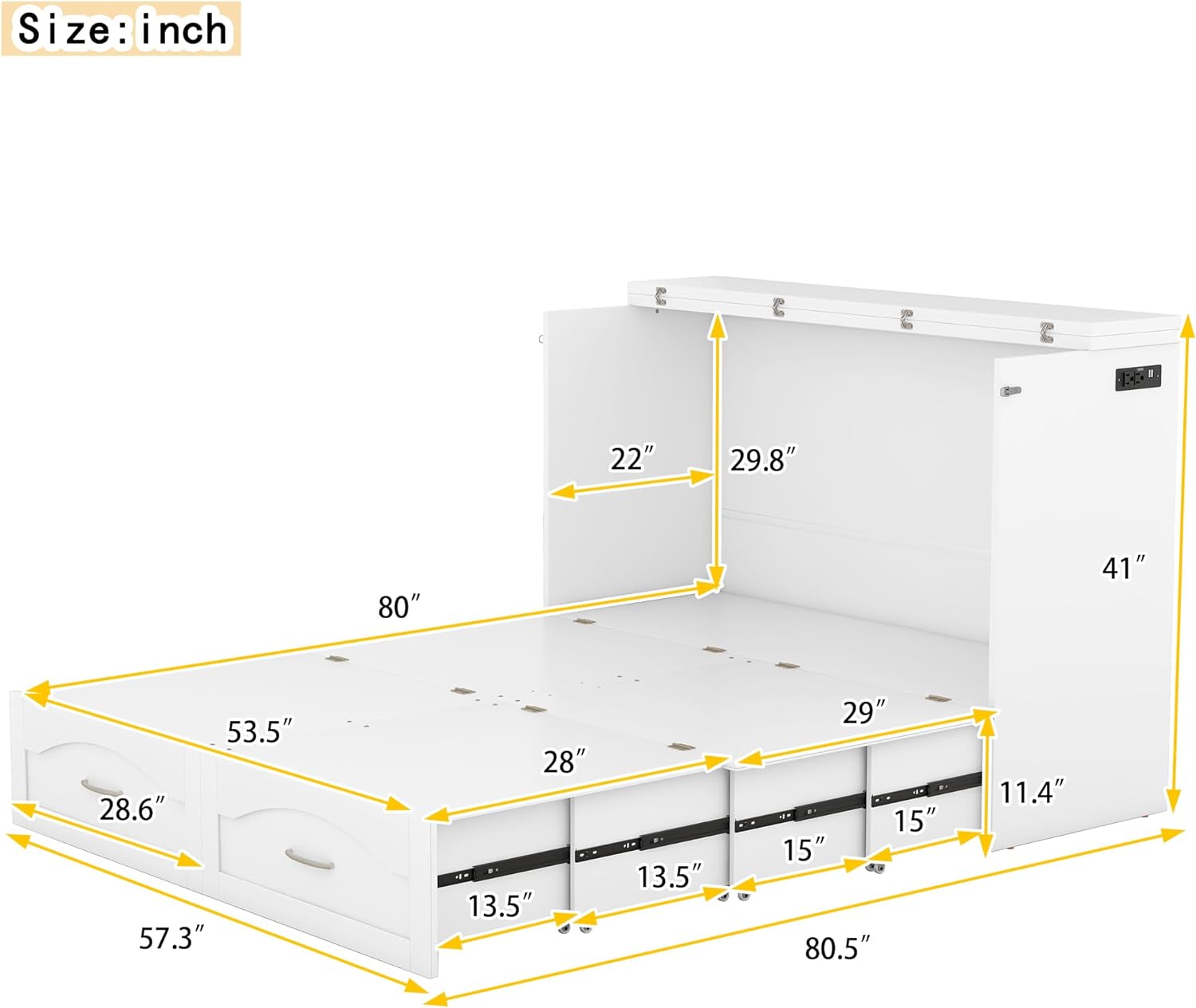 Queen Size Chest, Wood Murphy Frame, Versatile Cabinet Foldable Platform Bed, Gray w/Rotable Desk  Shelves