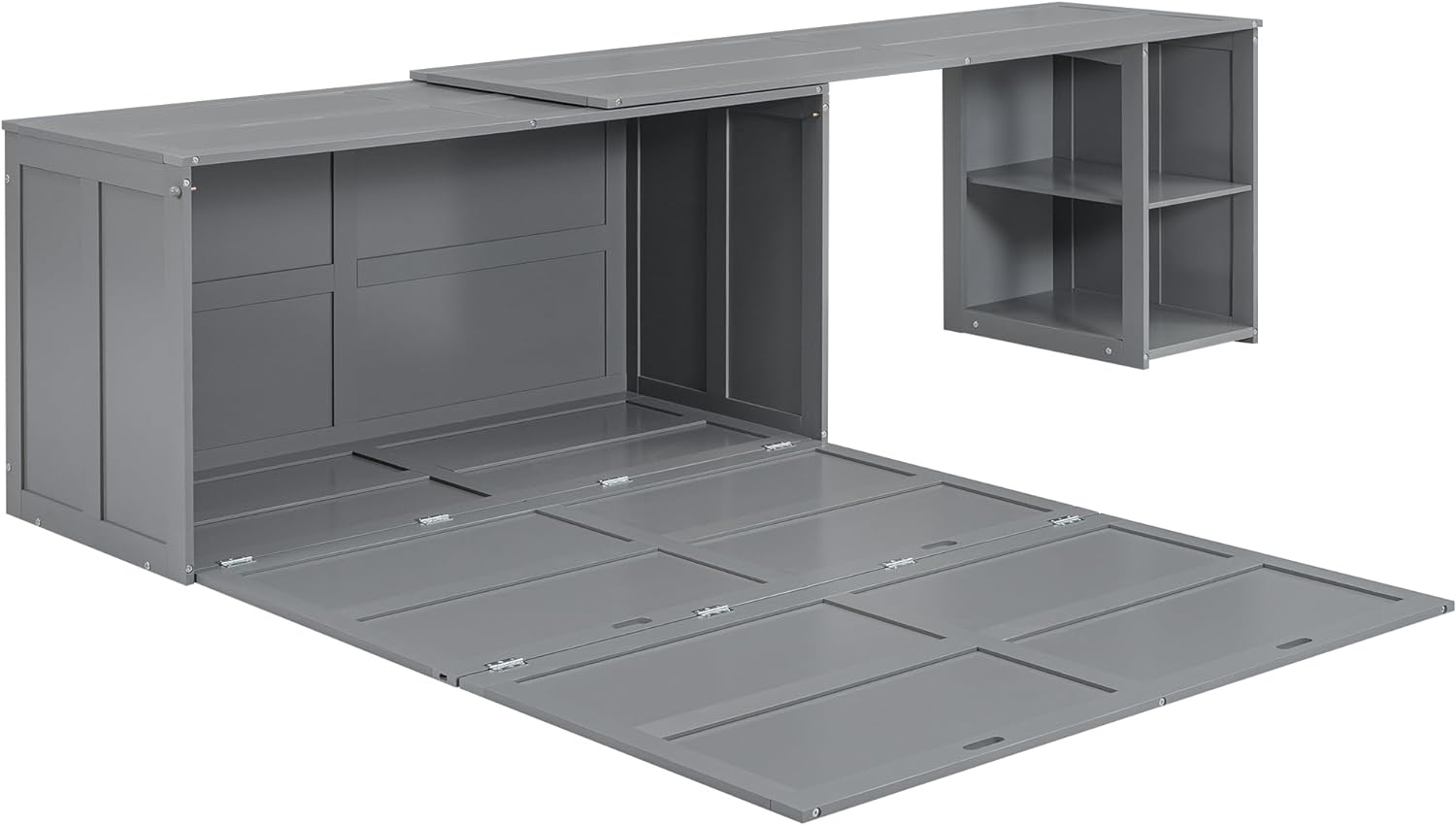 Queen Size Chest, Wood Murphy Frame, Versatile Cabinet Foldable Platform Bed, Gray w/Rotable Desk  Shelves