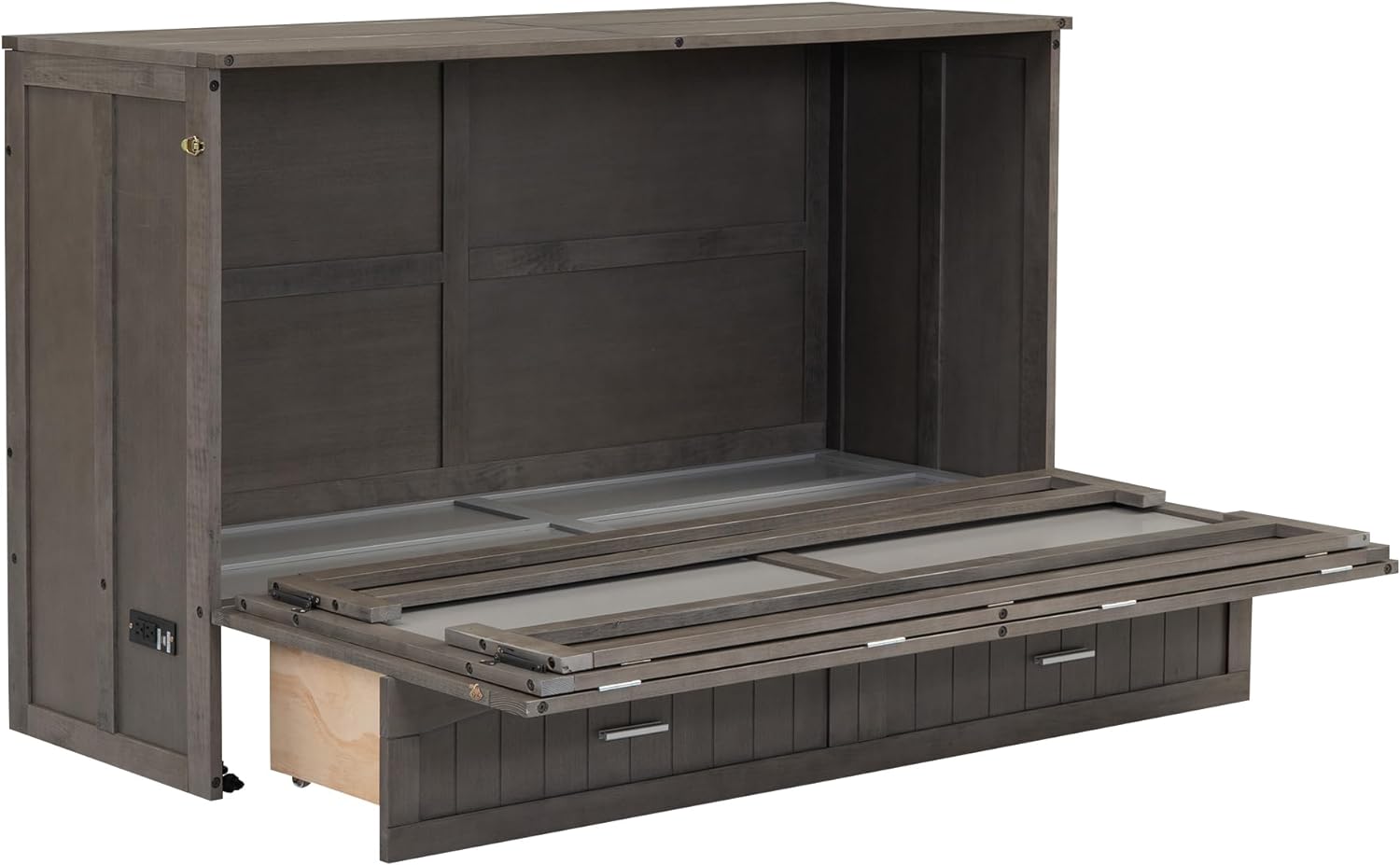 Queen Size Mobile Murphy Bed Chest with Built-in Charging Station and Big Storage Drawer, Traditional Solid Wood Murphy Cube Cabinet Bed Platform Bed for Small Room Guest Room Office